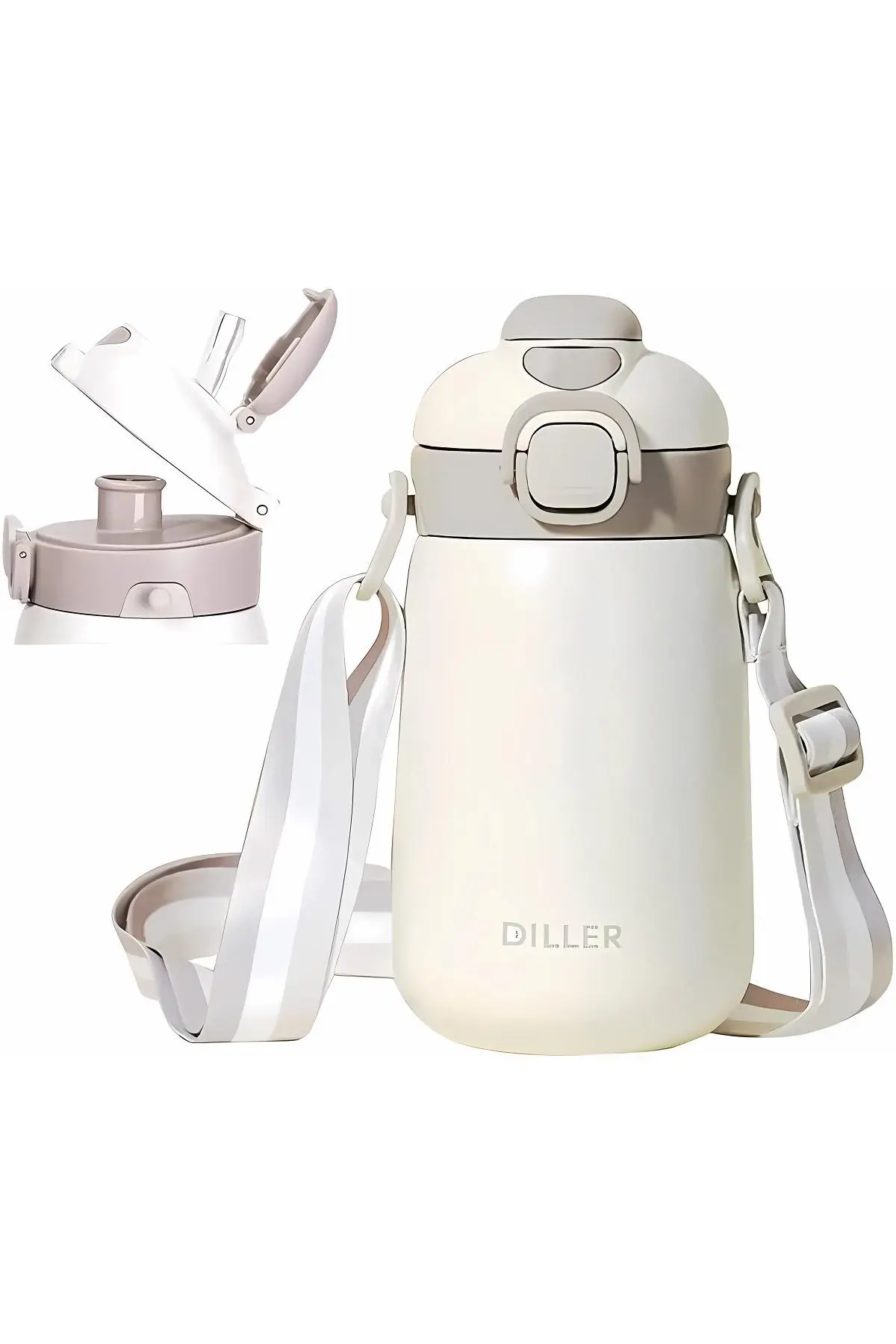 DILLER Tek Kapak Çift Kullanım Pipetli/Pipetsiz 420ml Askılı Çelik Su Matarası 6 saat sıcak/soğuk - Beyaz