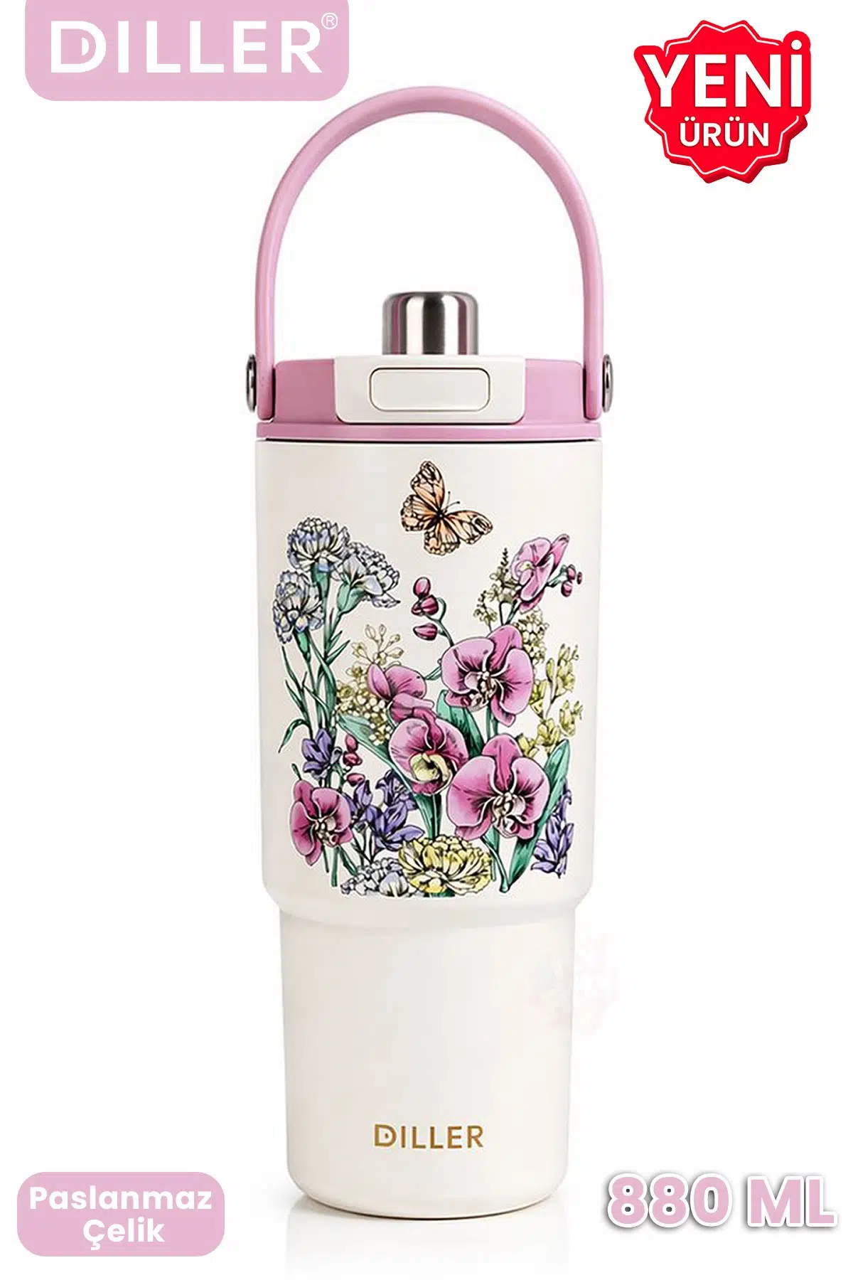 DILLER Tumbler 880 ML Tek Kapak Çift Kullanım Pipetli/Pipetsiz Taşıma Kulplu Çelik Termos-FFD9505-880ml