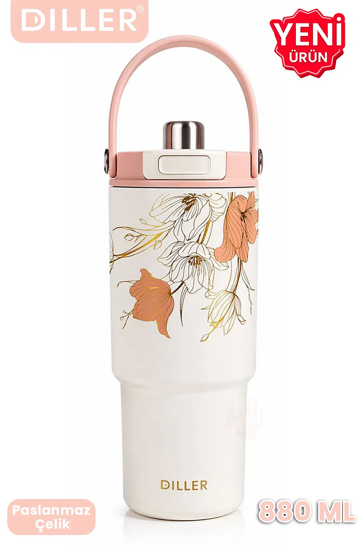 DILLER Tumbler 880 ML Tek Kapak Çift Kullanım Pipetli/Pipetsiz Taşıma Kulplu Çelik Termos-FFD9505-880ml