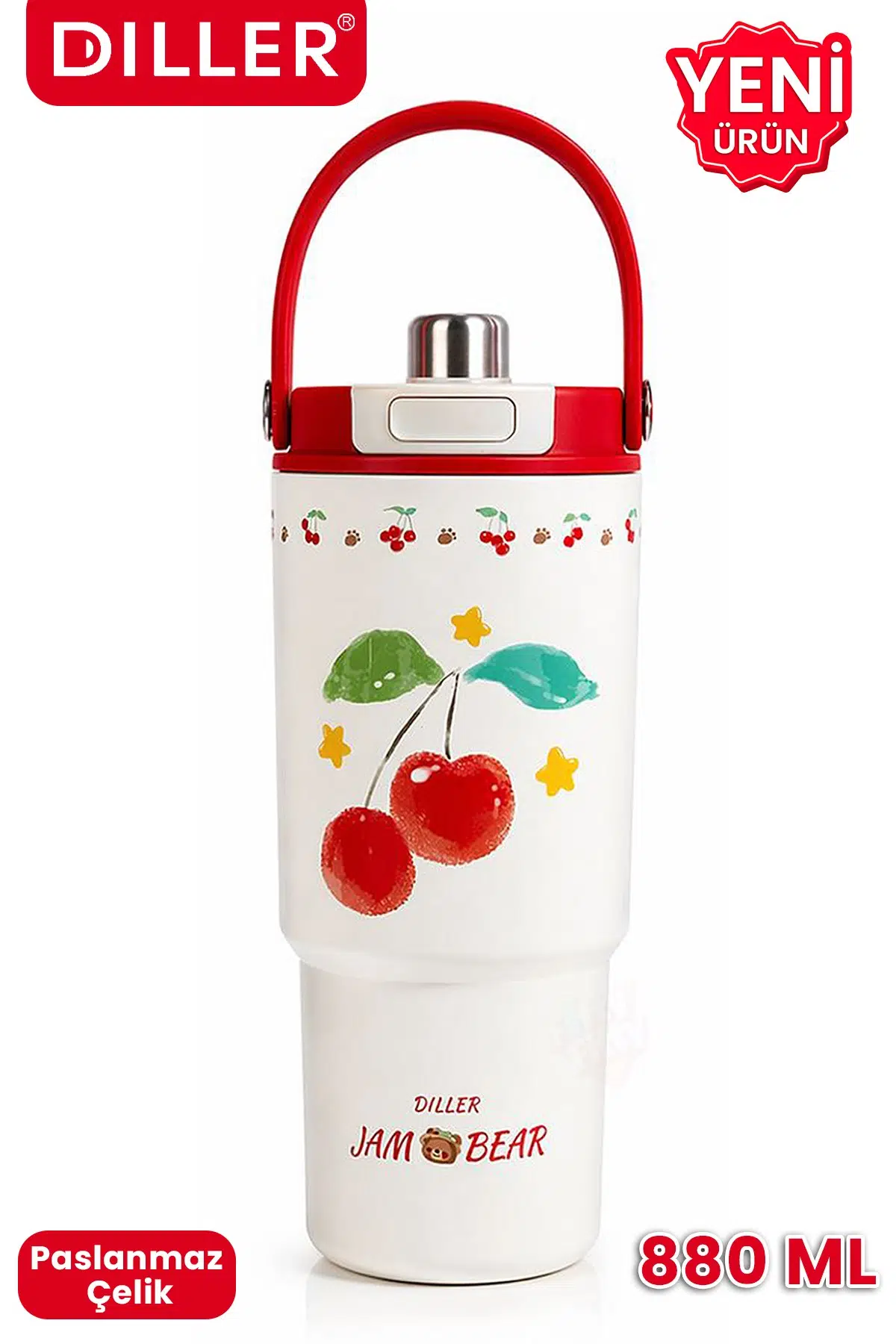 DILLER Tumbler 880 ML Tek Kapak Çift Kullanım Pipetli/Pipetsiz Taşıma Kulplu Çelik Termos-FFD9505-880ml