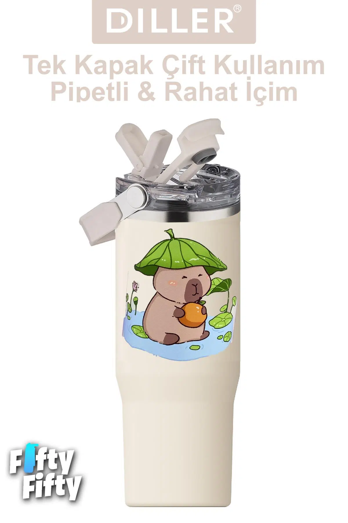 DILLER Tumbler 950 ML Tek Kapak Çift Kullanım Pipetli/Pipetsiz Taşıma Kulplu Çelik Termos-FFDILLERD9358