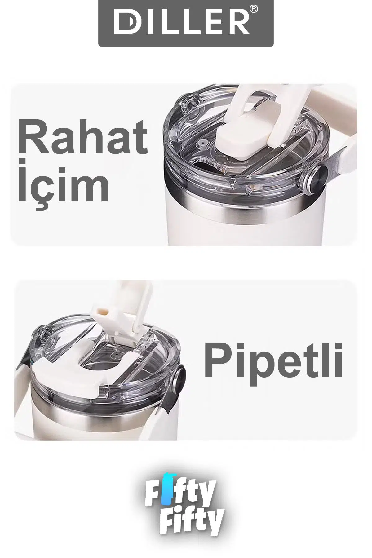 DILLER Tumbler 950 ML Tek Kapak Çift Kullanım Pipetli/Pipetsiz Taşıma Kulplu Çelik Termos-FFDILLERD9358