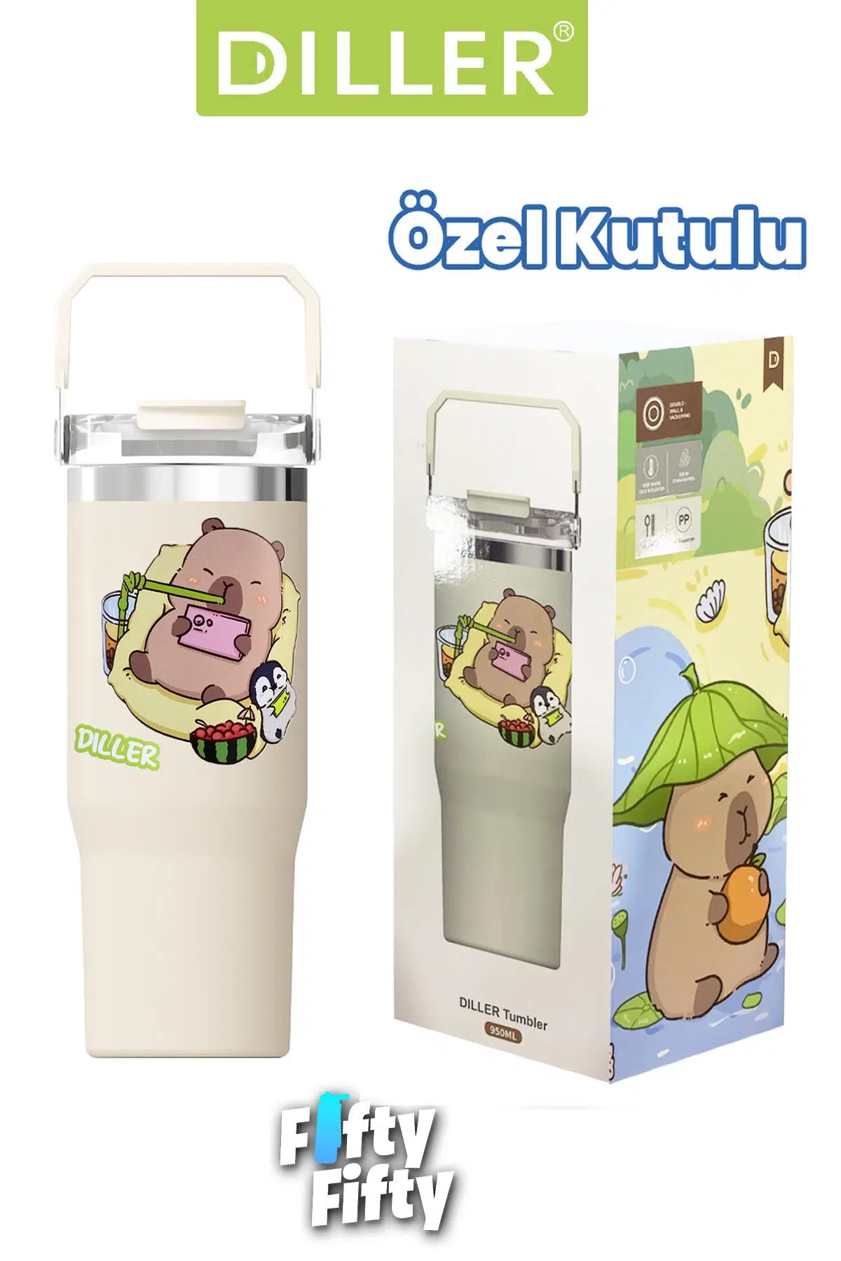 DILLER Tumbler 950 ML Tek Kapak Çift Kullanım Pipetli/Pipetsiz Taşıma Kulplu Çelik Termos-FFDILLERD9358