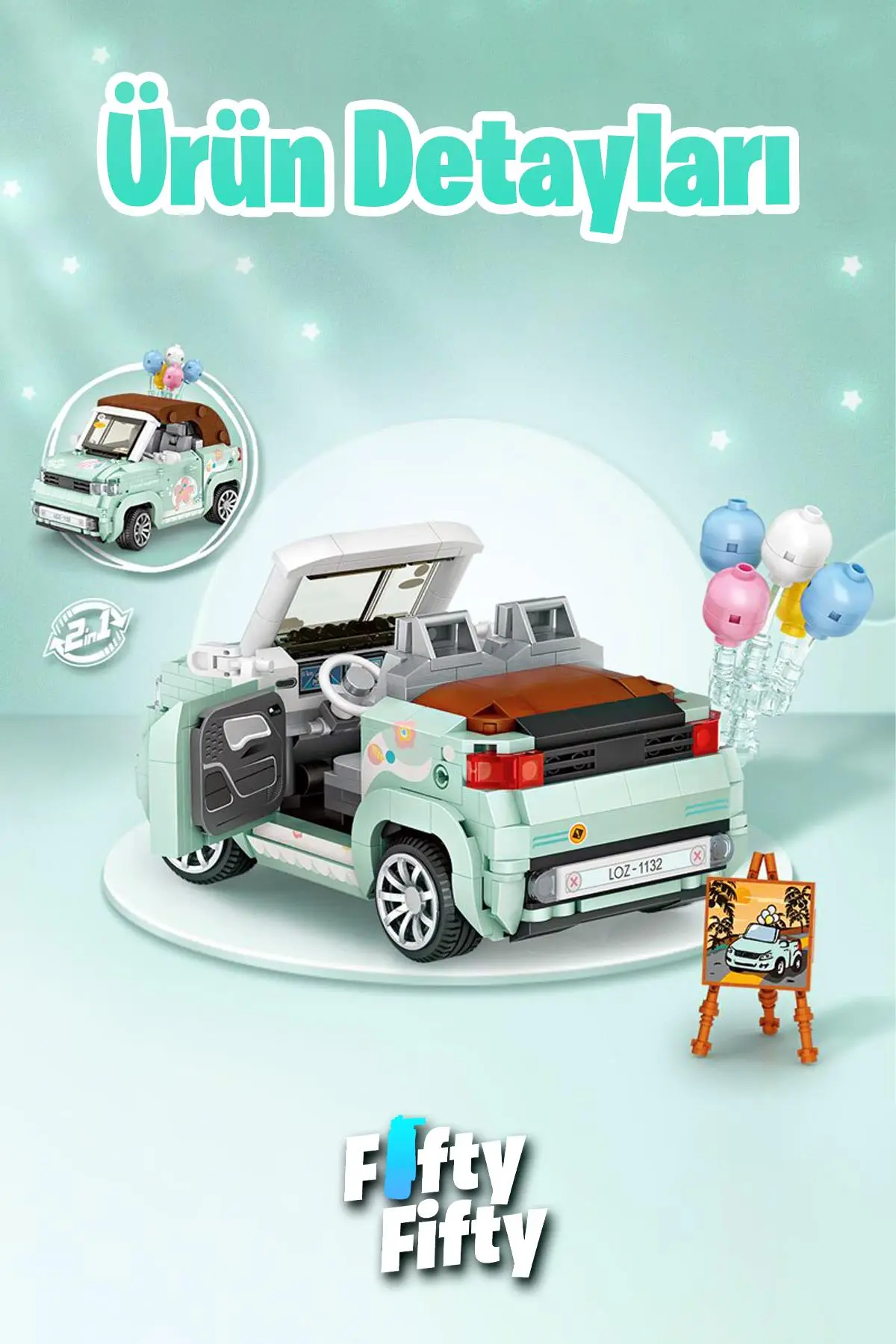 LOZ Car Model Serisi Turkuaz Cabrio Araba 779 Parça Oyuncak Yapım Seti FFLZ-1132