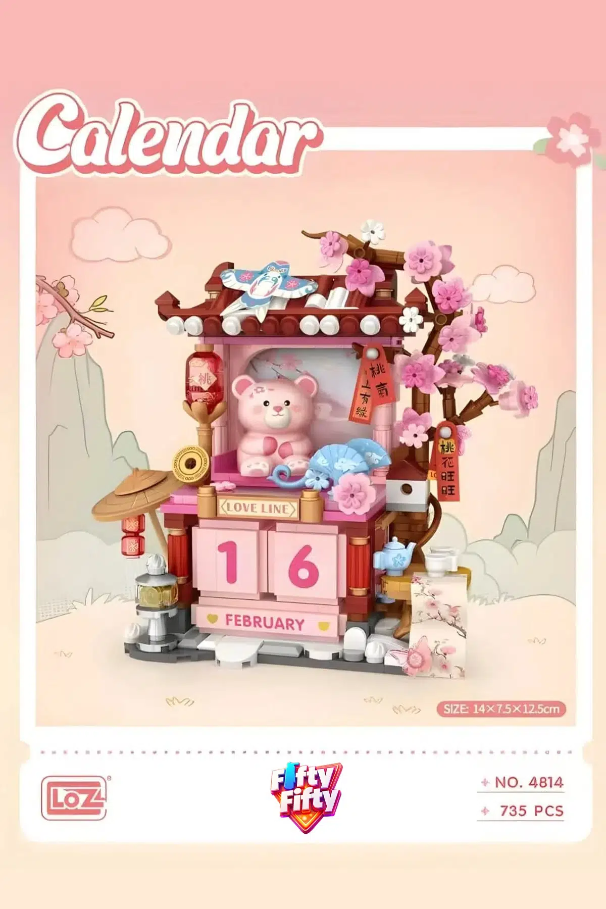 LOZ Creative Serisi Pembe Ayıcık Yeni Yıl Takvimi Figürü 735 Parça Blok Oyuncak Dekoratif Yapım Seti - 4814