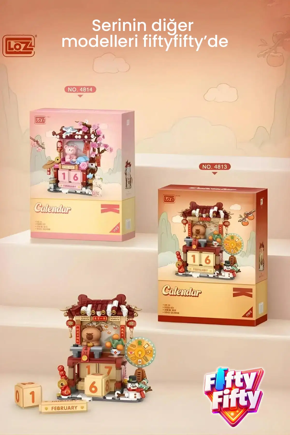 LOZ Creative Serisi Pembe Ayıcık Yeni Yıl Takvimi Figürü 735 Parça Blok Oyuncak Dekoratif Yapım Seti - 4814