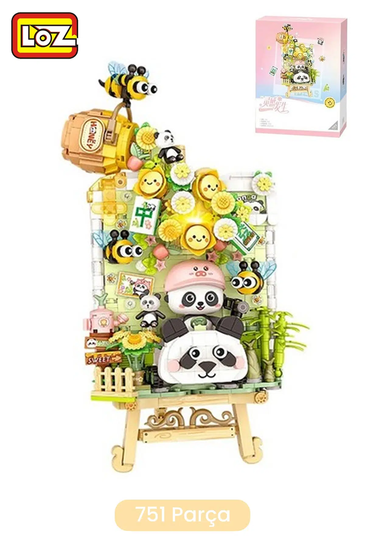 LOZ Creative Serisi Ledli Panda ve Arı Şövale Figürü 751 Parça Blok Oyuncak Dekoratif Yapım Seti -1302