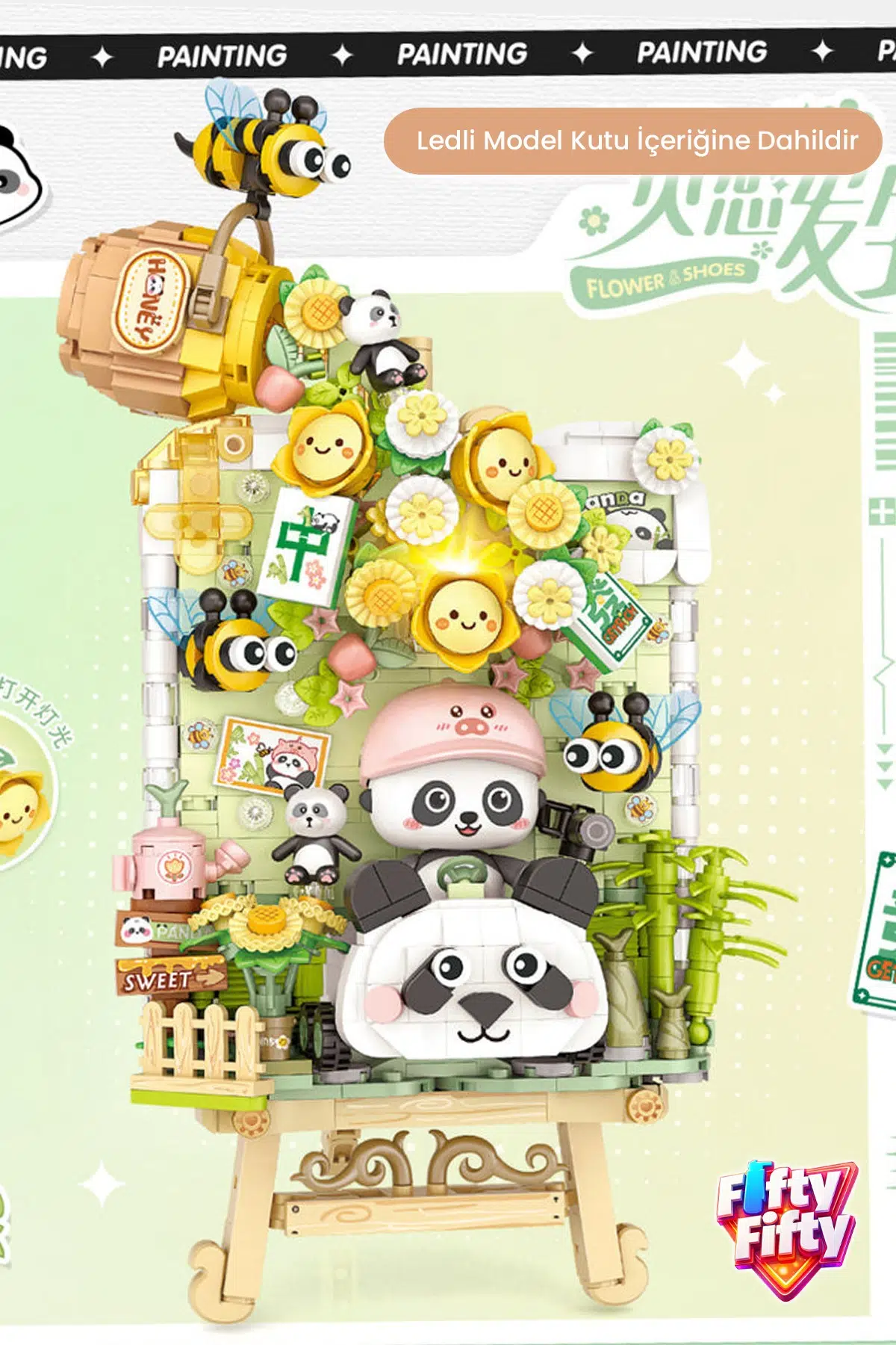 LOZ Creative Serisi Ledli Panda ve Arı Şövale Figürü 751 Parça Blok Oyuncak Dekoratif Yapım Seti -1302
