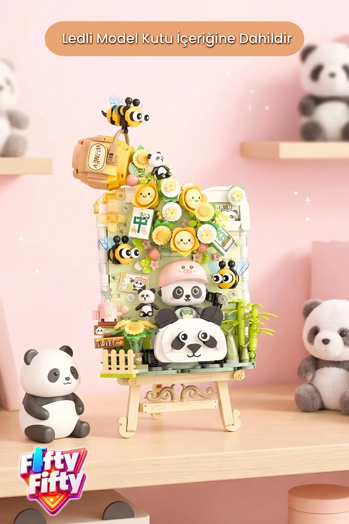LOZ Creative Serisi Ledli Panda ve Arı Şövale Figürü 751 Parça Blok Oyuncak Dekoratif Yapım Seti -1302