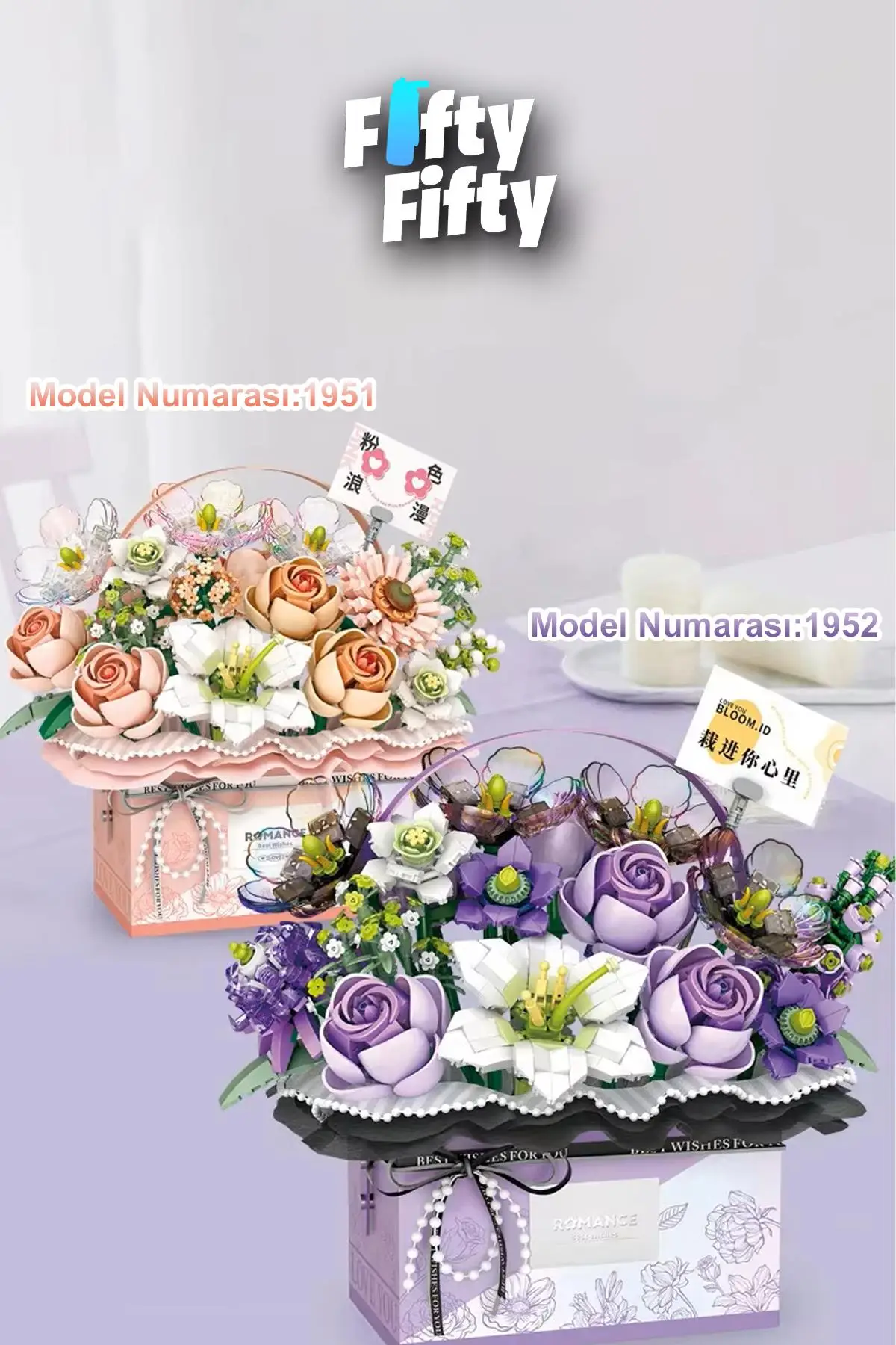 Loz Ledli Mor Dekoratif ve Koleksiyonluk Çiçek Buketi 1179 Parça Çiçek Modeli Yapım Seti FFLZ-1952