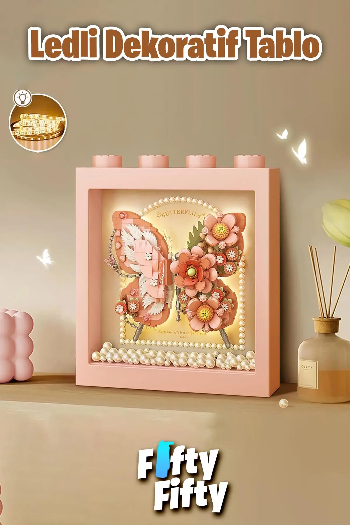 Loz Ledli Pembe Dekoratif ve Koleksiyonluk Kelebek Tablo 822 Parça Kelebek Modeli Yapım Seti FFLZ-1960