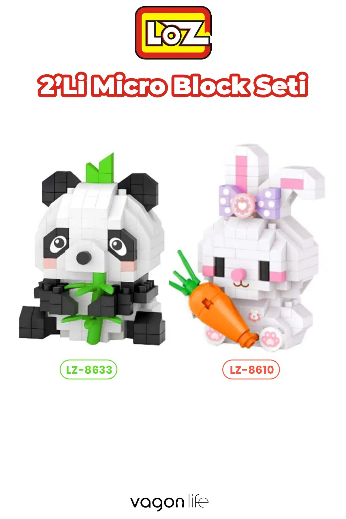 Loz Micro Block 2'li Panda Tavşan Figürü 2 Farklı Model Dekoratif Oyuncak Yapım Seti Yapı Blok Seti