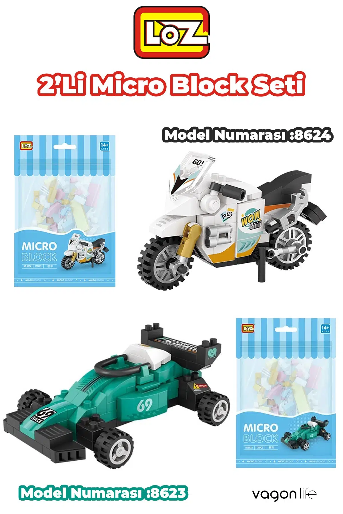 Loz Micro Block 2'li Yarış Seti Araba Motor 2 Farklı Model Dekoratif Oyuncak Yapım Seti Yapı Blok Seti