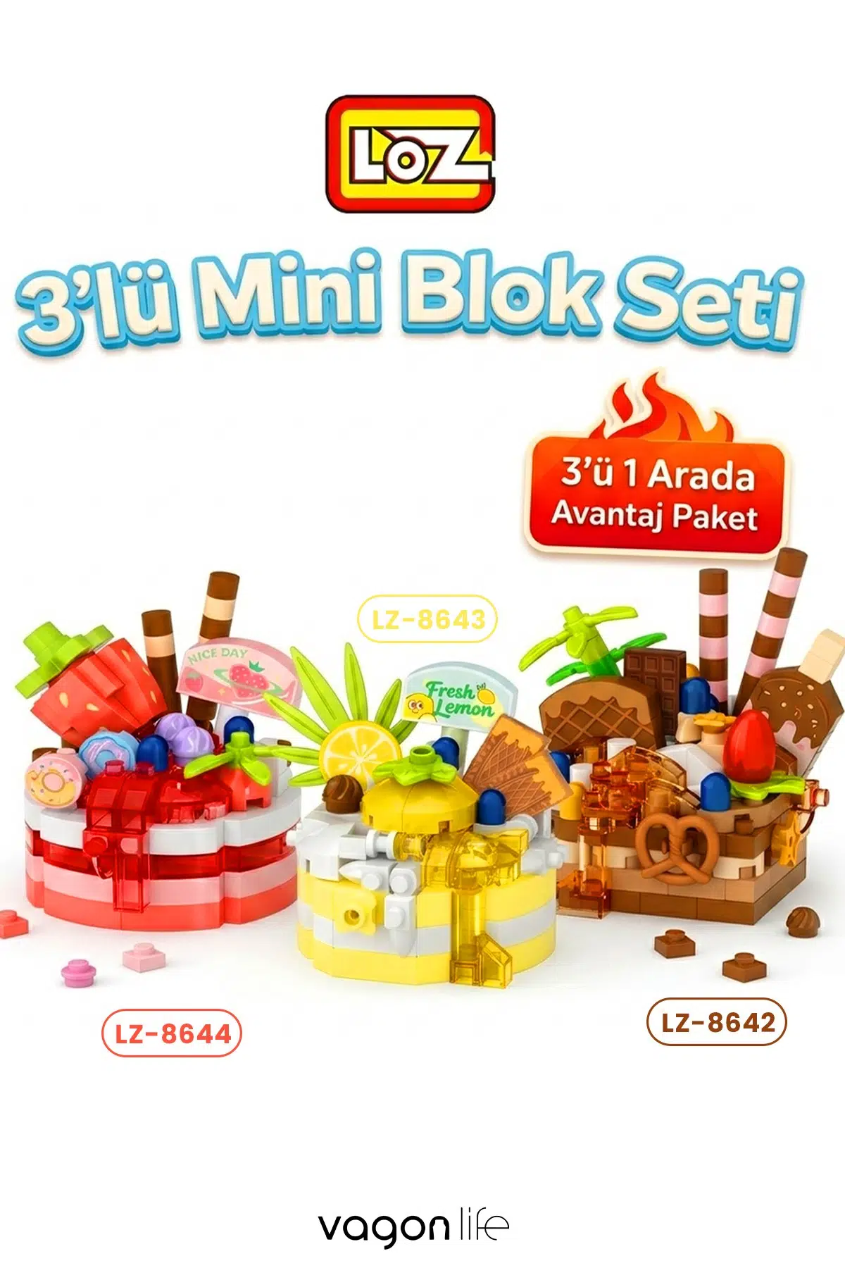 Loz Micro Block 3'lü Pasta Figürü 3 Farklı Model Dekoratif Oyuncak Yapım Seti Yapı Blok Seti