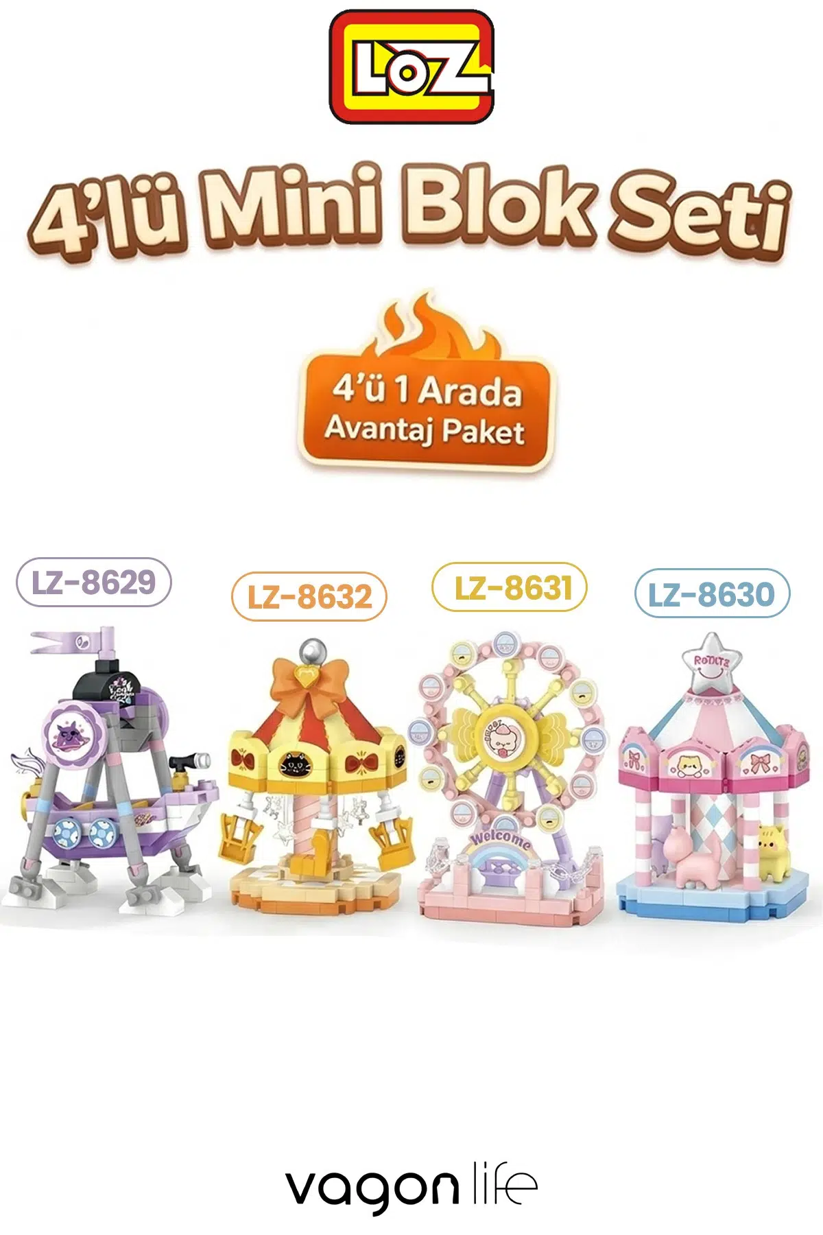 Loz Micro Block 4'lü Lunapark Seti 4 Farklı Model Dekoratif Oyuncak Yapım Seti Yapı Blok Seti