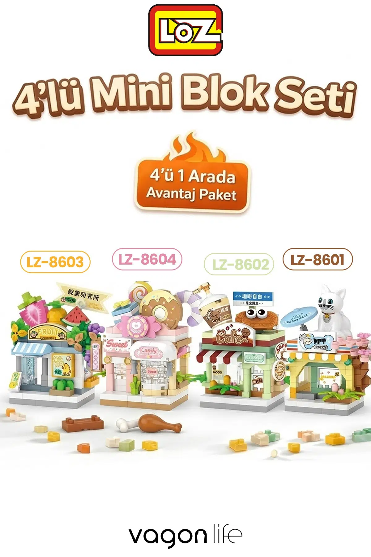 Loz Micro Block 4'lü Dükkan Seti 4 Farklı Model Dekoratif Oyuncak Yapım Seti Yapı Blok Seti