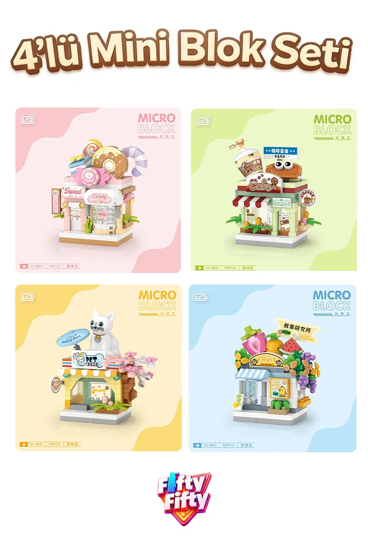 Loz Micro Block 4'lü Dükkan Seti 4 Farklı Model Dekoratif Oyuncak Yapım Seti Yapı Blok Seti