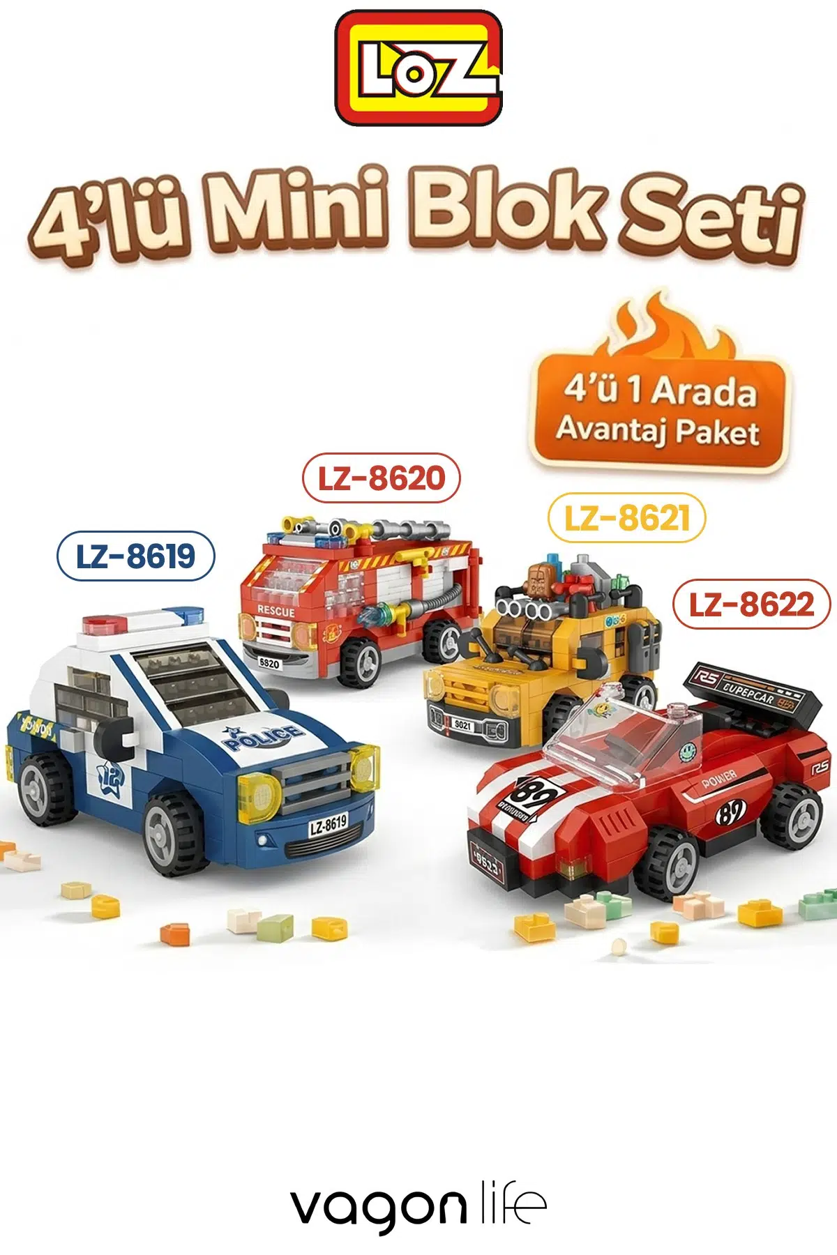 Loz Micro Block 4'lü Araç Seti 4 Farklı Model Dekoratif Oyuncak Yapım Seti Yapı Blok Seti
