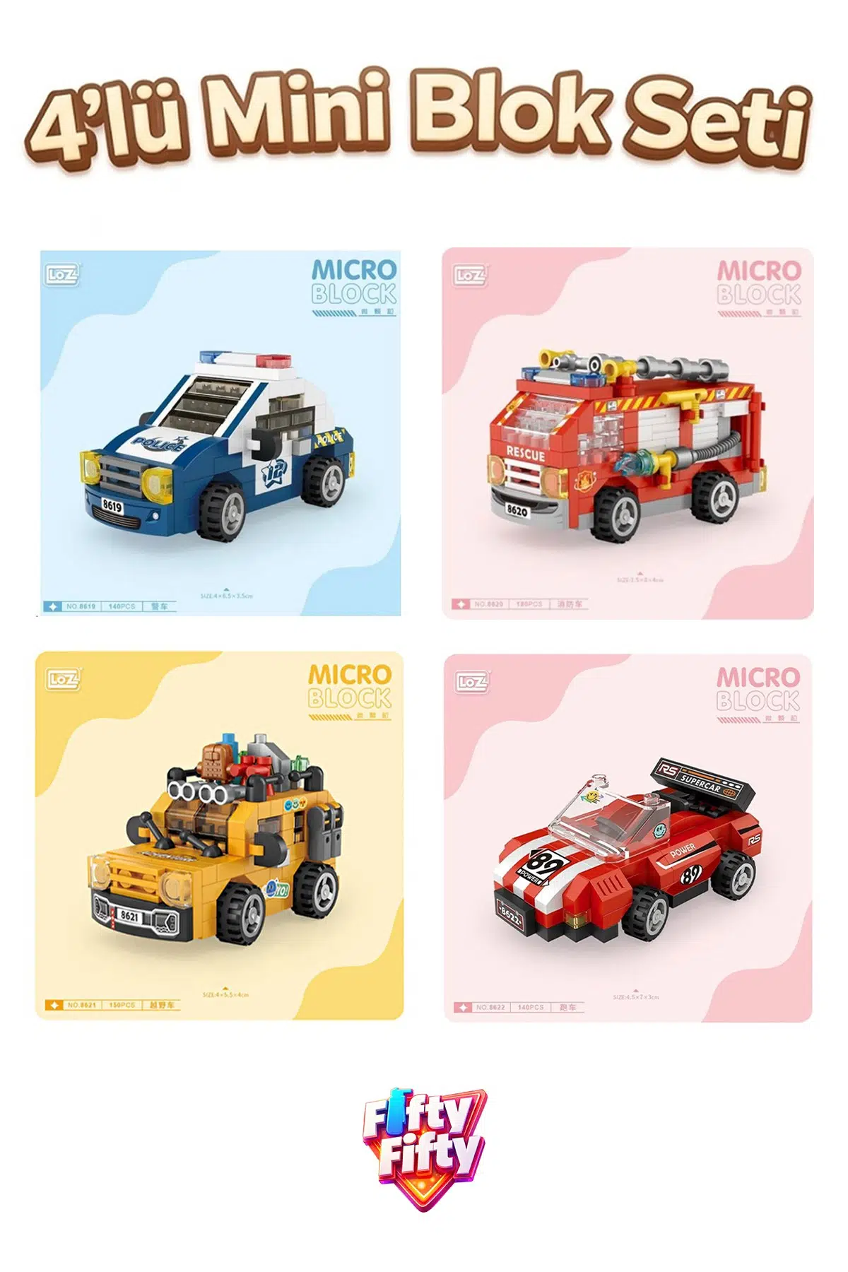 Loz Micro Block 4'lü Araç Seti 4 Farklı Model Dekoratif Oyuncak Yapım Seti Yapı Blok Seti