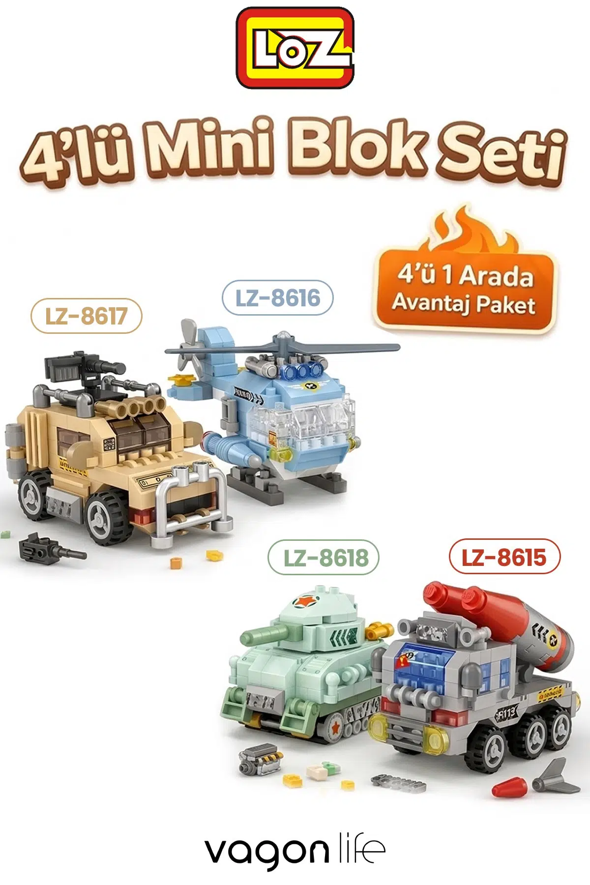 Loz Micro Block 4'lü Savaş Araçları 4 Farklı Model Dekoratif Oyuncak Yapım Seti Yapı Blok Seti