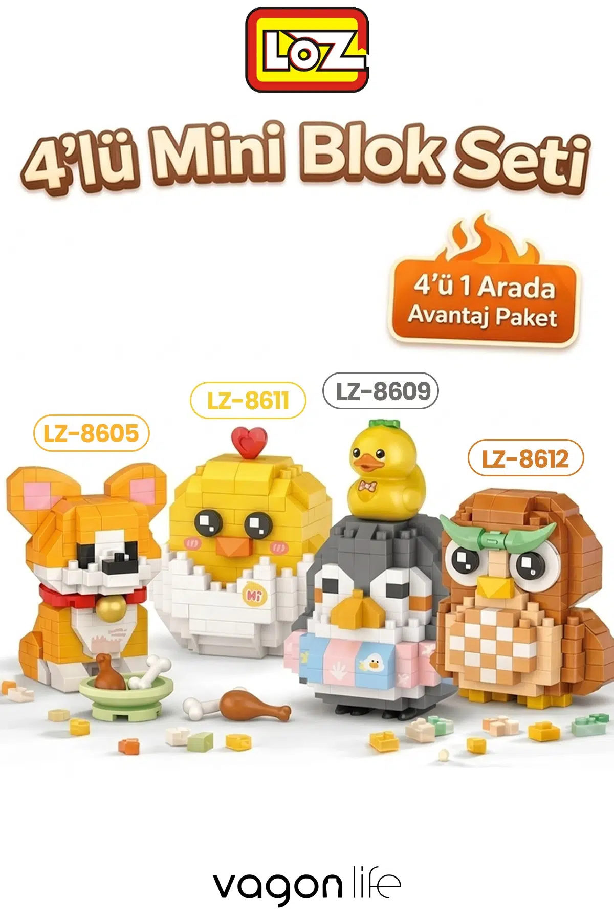 Loz Micro Block 4'lü Sevimli Hayvan Seti 4 Farklı Model Dekoratif Oyuncak Yapım Seti Yapı Blok Seti