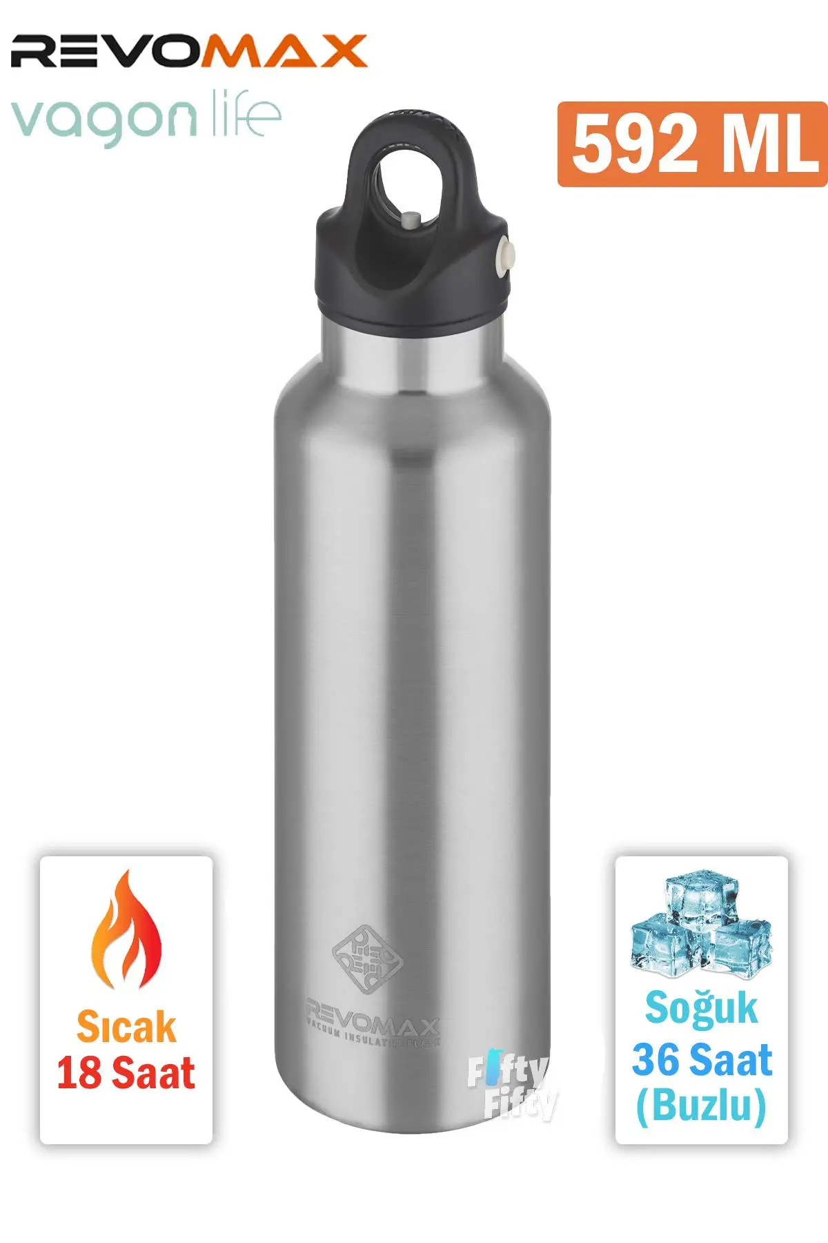 Revomax 592 ML Büyük Kapasiteli Özel Kapak Sistemli 18saat Sıcak/36 Saat Soğuk Çelik Termos -592ML - Gri