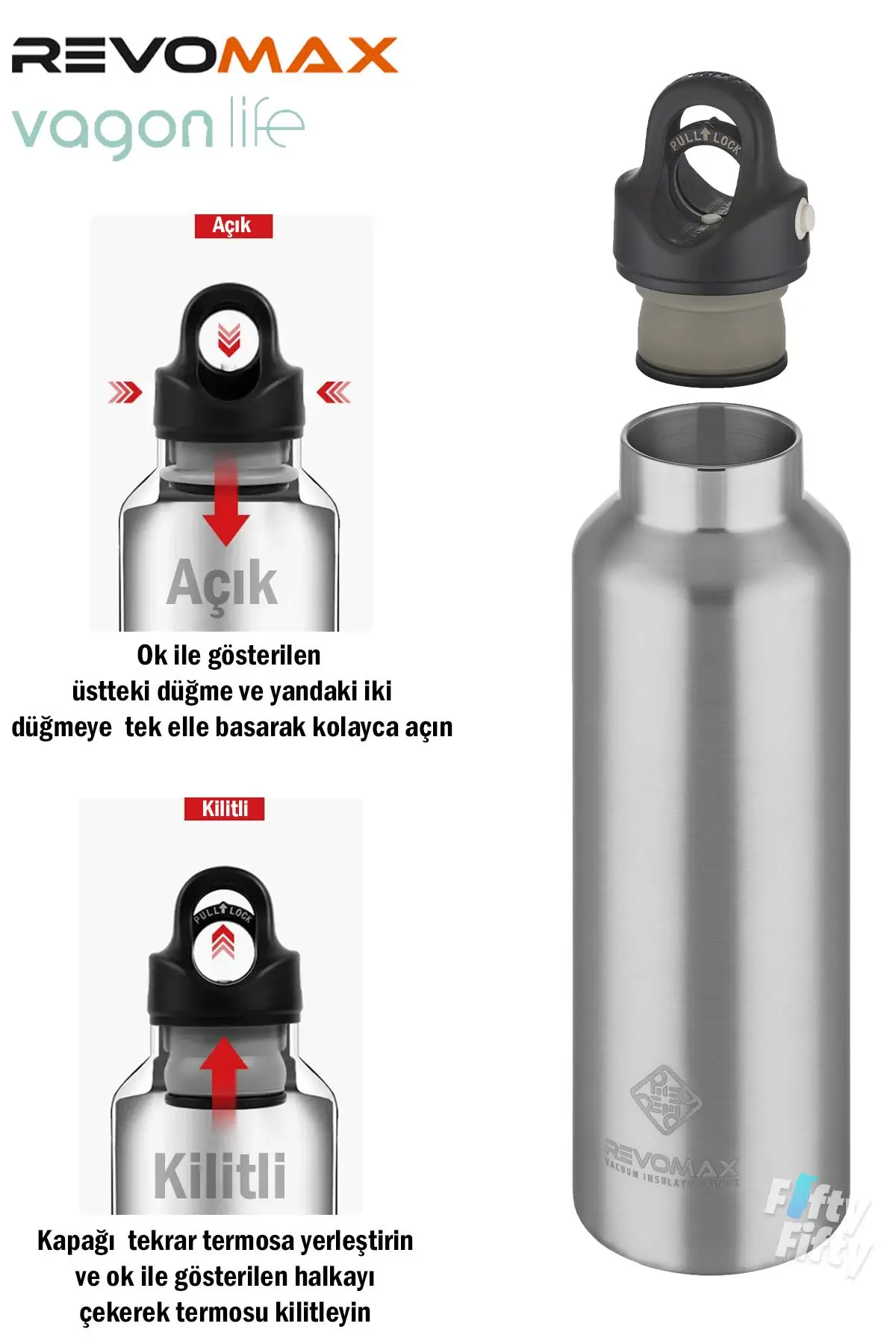 Revomax 592 ML Büyük Kapasiteli Özel Kapak Sistemli 18saat Sıcak/36 Saat Soğuk Çelik Termos -592ML 