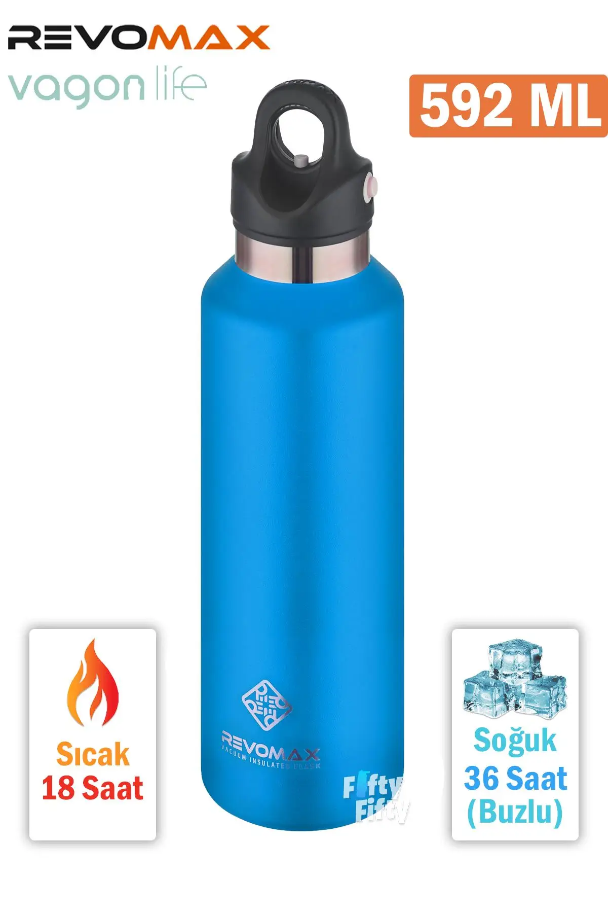 Revomax 592 ML Büyük Kapasiteli Özel Kapak Sistemli 18saat Sıcak/36 Saat Soğuk Çelik Termos -592ML - Lacivert