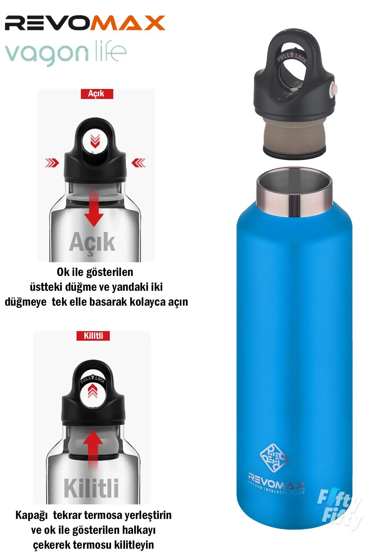 Revomax 592 ML Büyük Kapasiteli Özel Kapak Sistemli 18saat Sıcak/36 Saat Soğuk Çelik Termos -592ML 