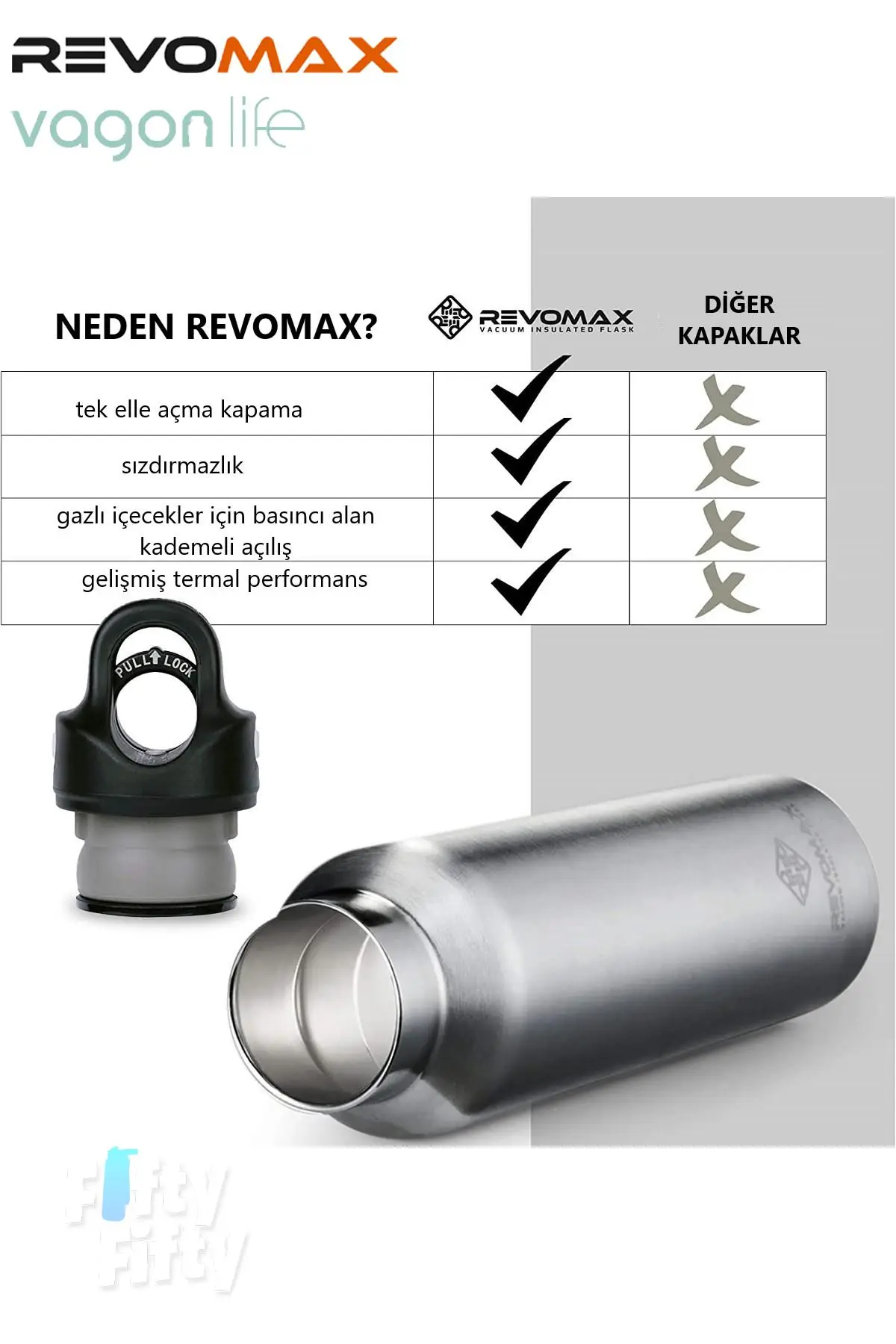 Revomax 592 ML Büyük Kapasiteli Özel Kapak Sistemli 18saat Sıcak/36 Saat Soğuk Çelik Termos -592ML 