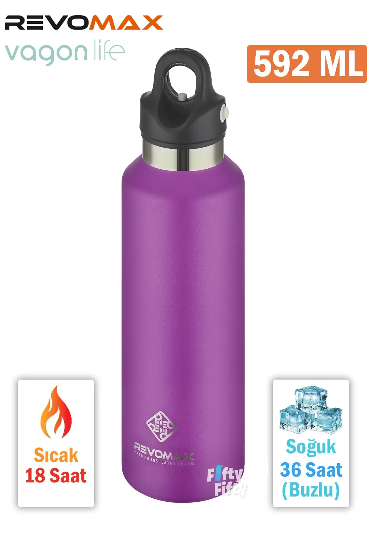 Revomax 592 ML Büyük Kapasiteli Özel Kapak Sistemli 18saat Sıcak/36 Saat Soğuk Çelik Termos -592ML - Mor