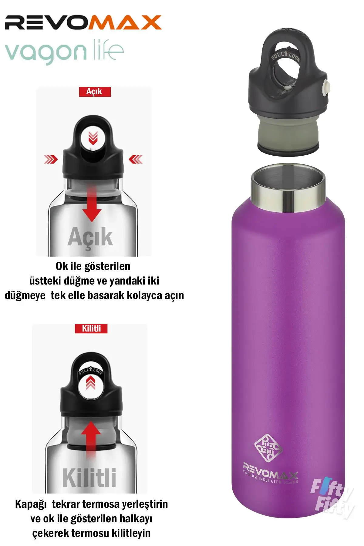 Revomax 592 ML Büyük Kapasiteli Özel Kapak Sistemli 18saat Sıcak/36 Saat Soğuk Çelik Termos -592ML 
