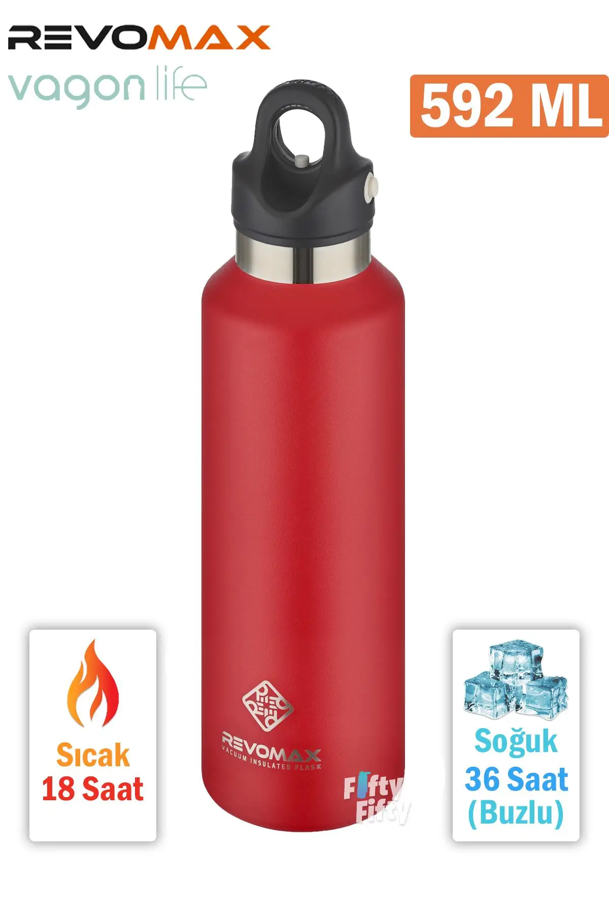 Revomax 592 ML Büyük Kapasiteli Özel Kapak Sistemli 18saat Sıcak/36 Saat Soğuk Çelik Termos -592ML - Kırmızı