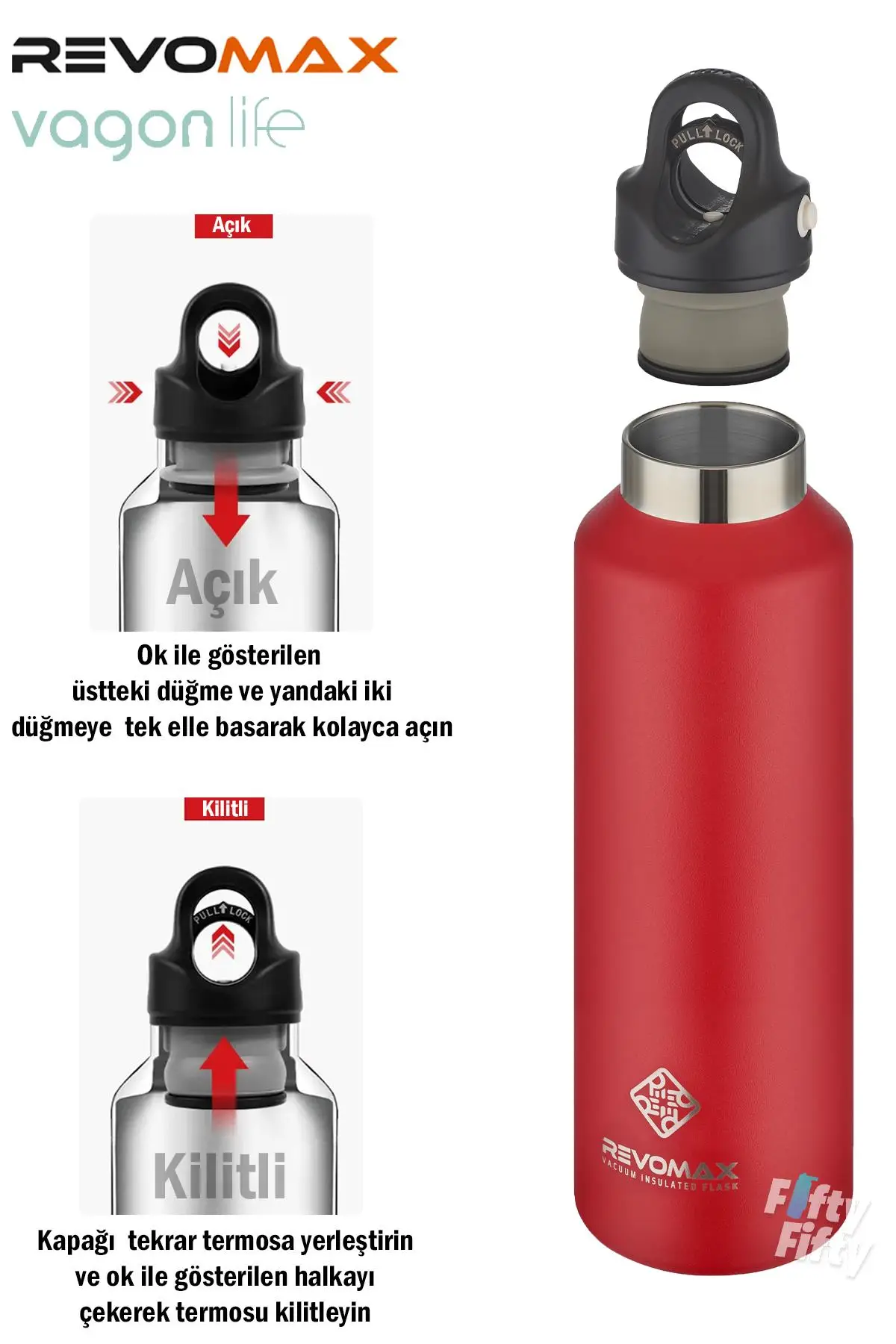 Revomax 592 ML Büyük Kapasiteli Özel Kapak Sistemli 18saat Sıcak/36 Saat Soğuk Çelik Termos -592ML 
