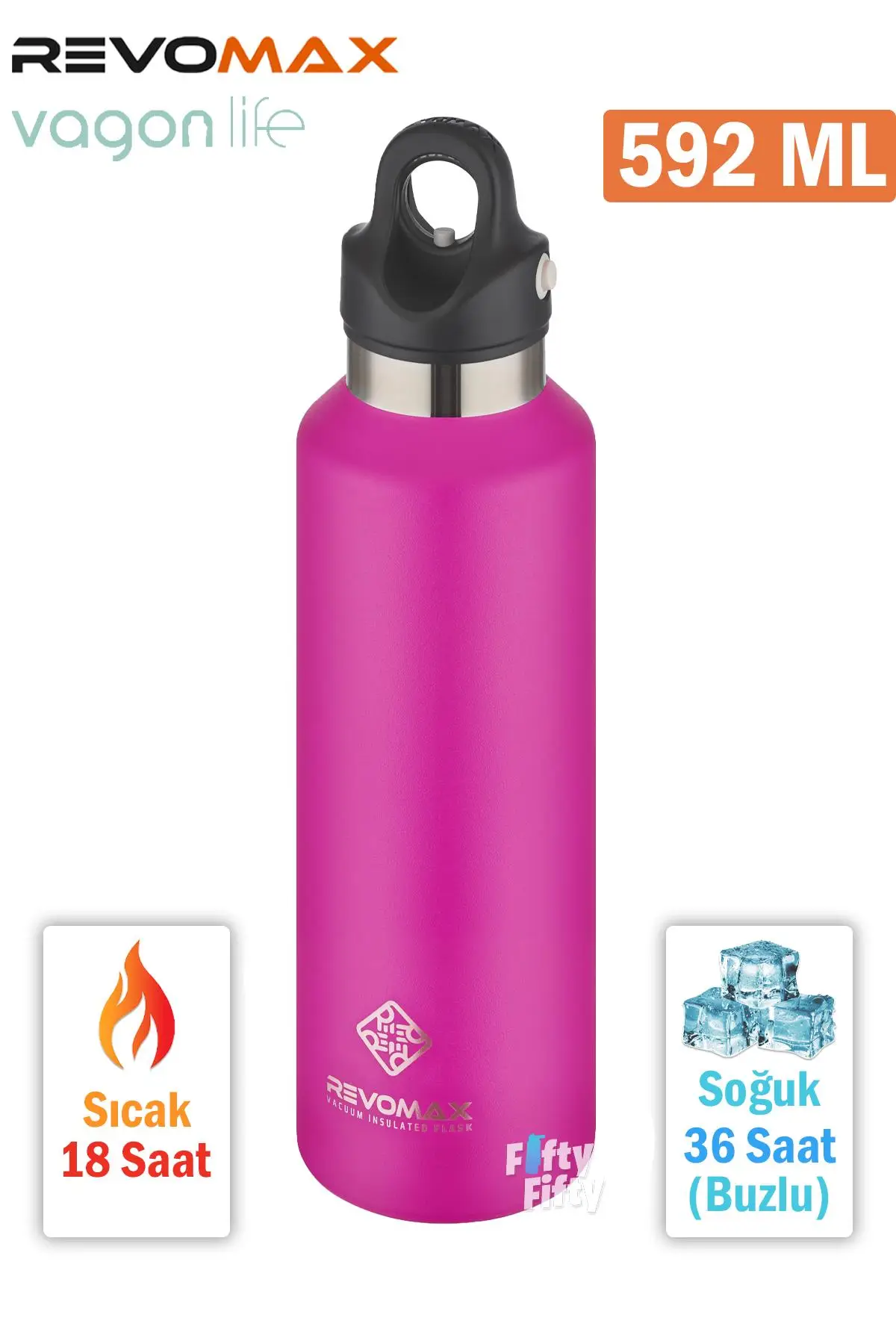 Revomax 592 ML Büyük Kapasiteli Özel Kapak Sistemli 18saat Sıcak/36 Saat Soğuk Çelik Termos -592ML - Pembe