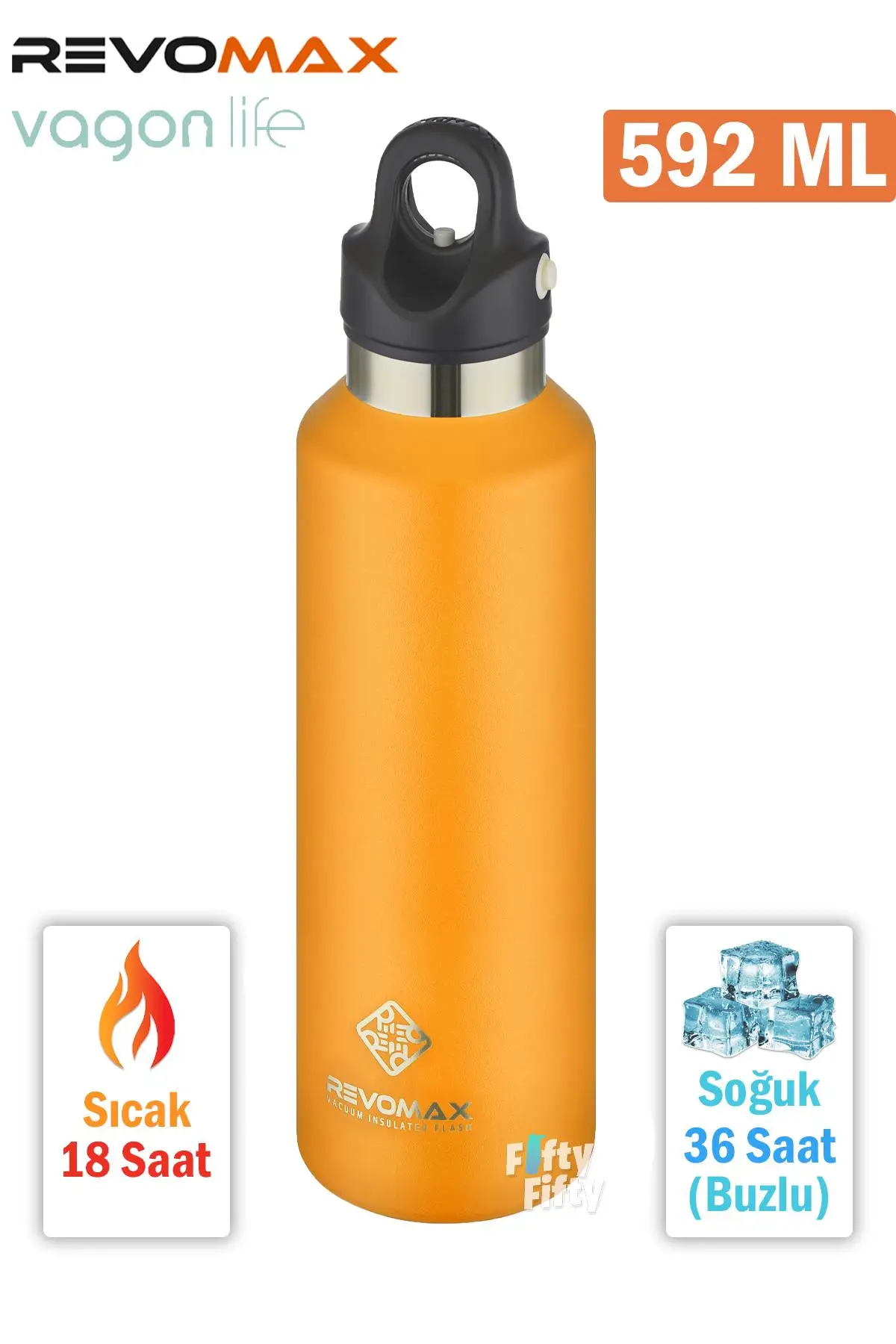 Revomax 592 ML Büyük Kapasiteli Özel Kapak Sistemli 18saat Sıcak/36 Saat Soğuk Çelik Termos -592ML - Turuncu