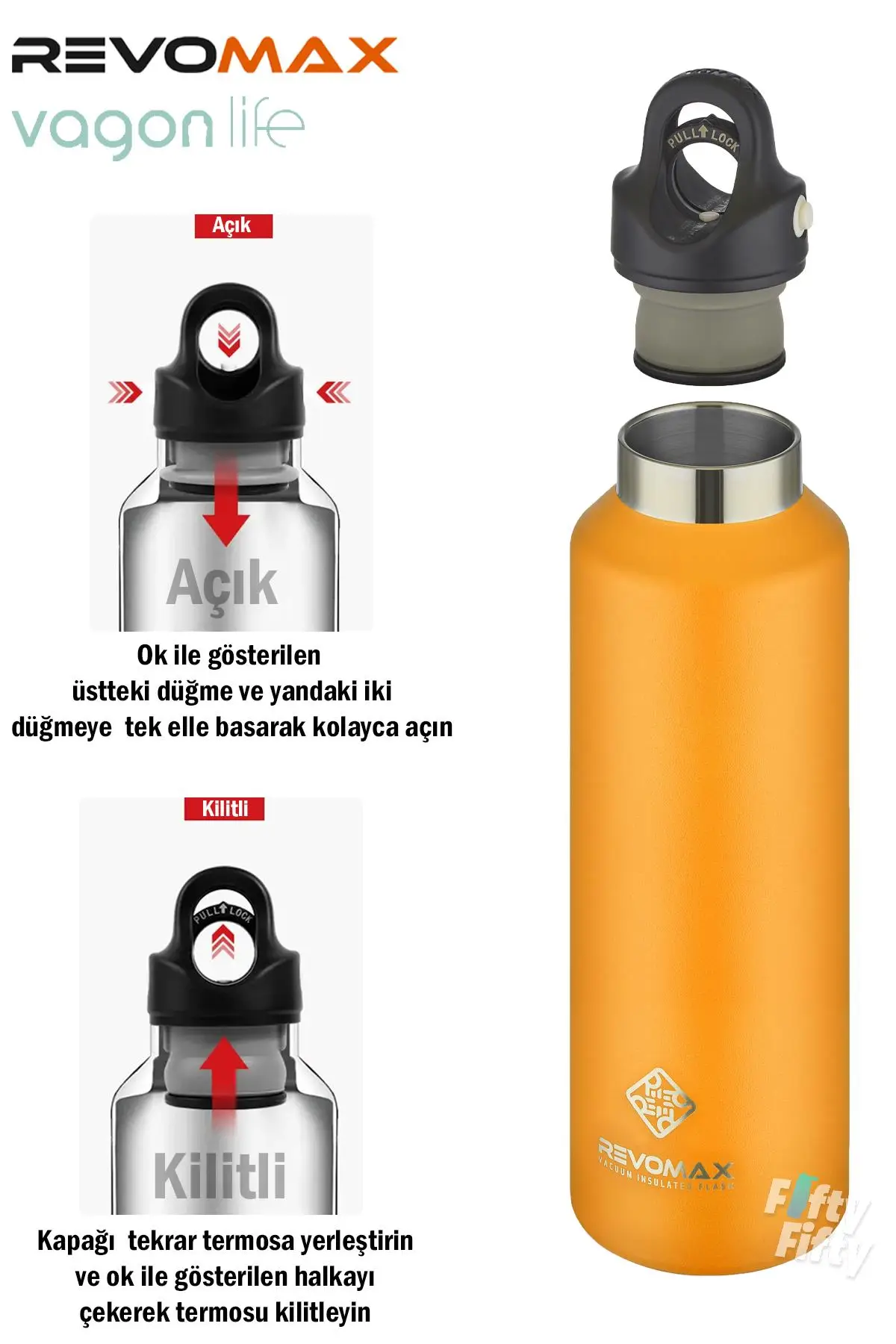 Revomax 592 ML Büyük Kapasiteli Özel Kapak Sistemli 18saat Sıcak/36 Saat Soğuk Çelik Termos -592ML 