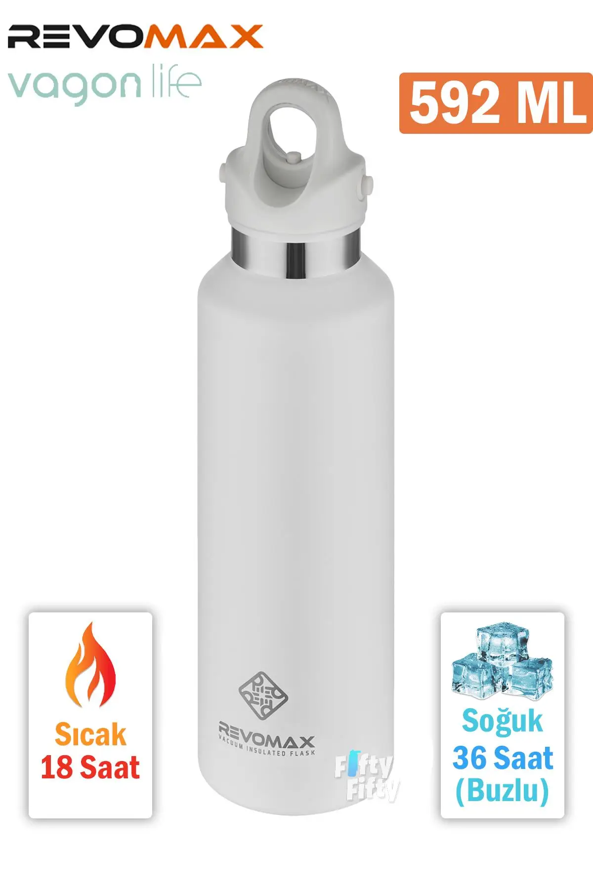 Revomax 592 ML Büyük Kapasiteli Özel Kapak Sistemli 18saat Sıcak/36 Saat Soğuk Çelik Termos -592ML - Beyaz