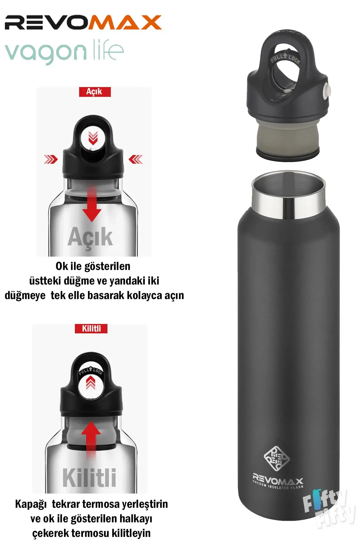 Revomax 473 ML Özel Kapak Sistemli 18saat Sıcak/36 Saat Soğuk Çelik Termos -473ML 