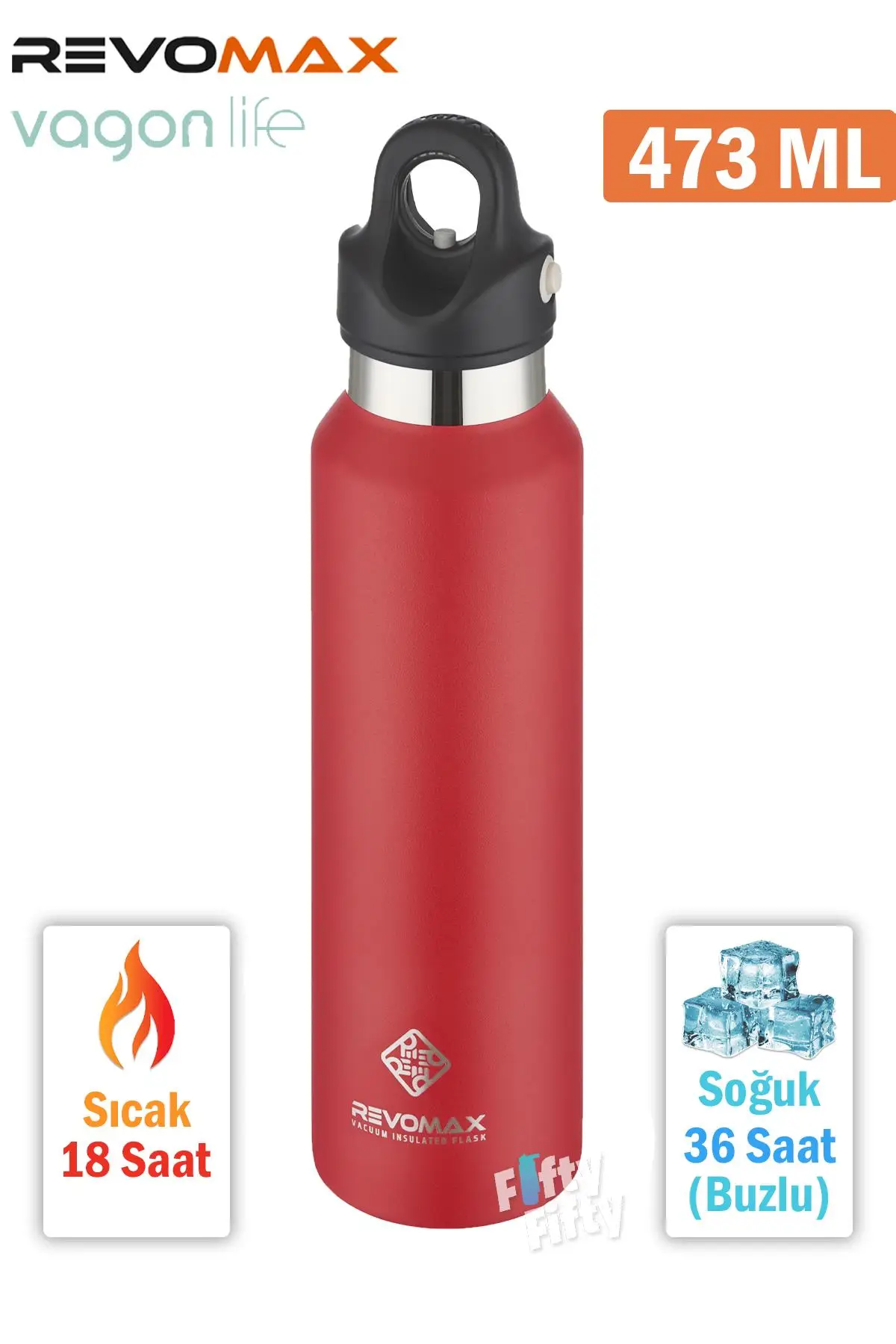 Revomax 473 ML Özel Kapak Sistemli 18saat Sıcak/36 Saat Soğuk Çelik Termos -473ML - kırmızı