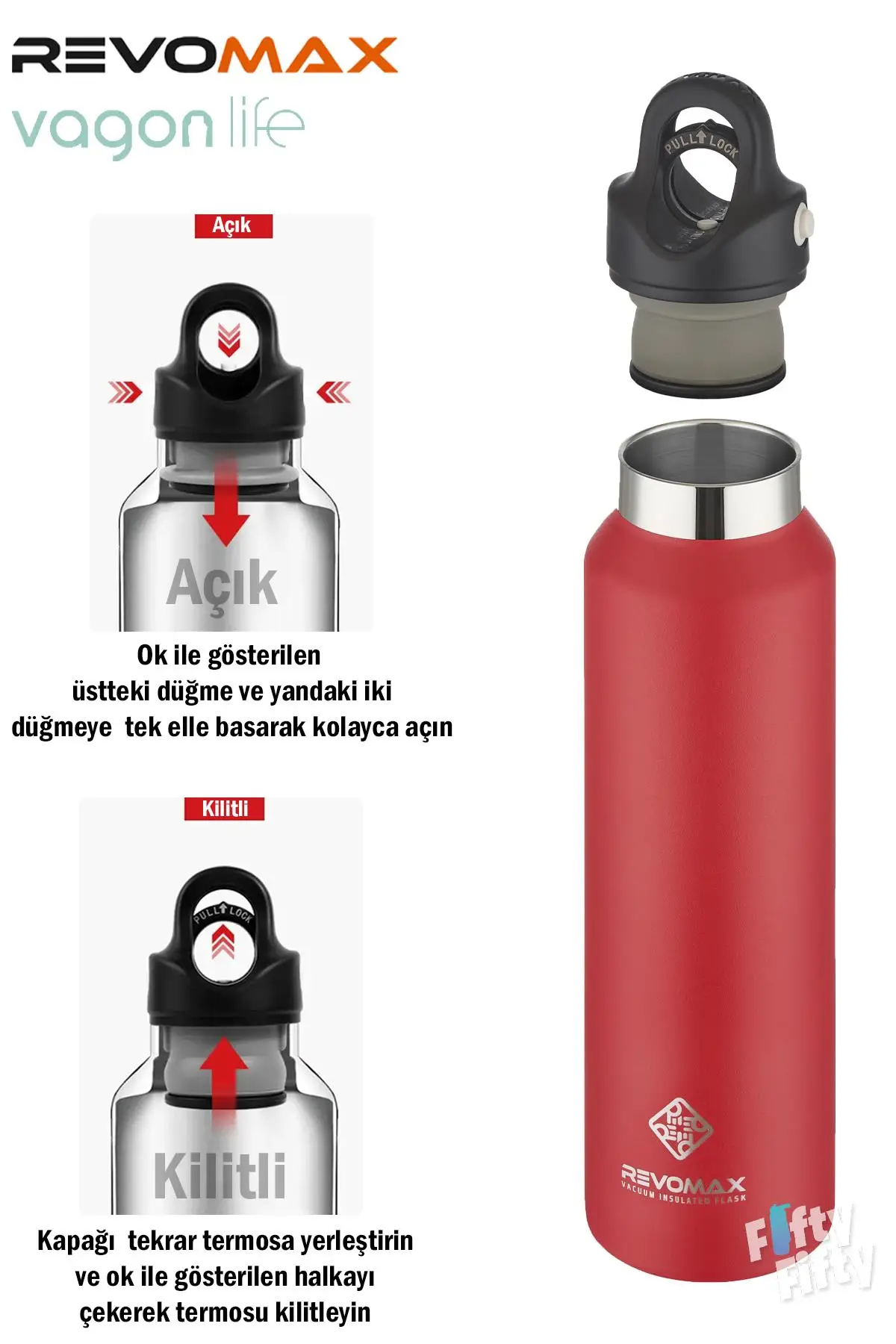 Revomax 473 ML Özel Kapak Sistemli 18saat Sıcak/36 Saat Soğuk Çelik Termos -473ML 
