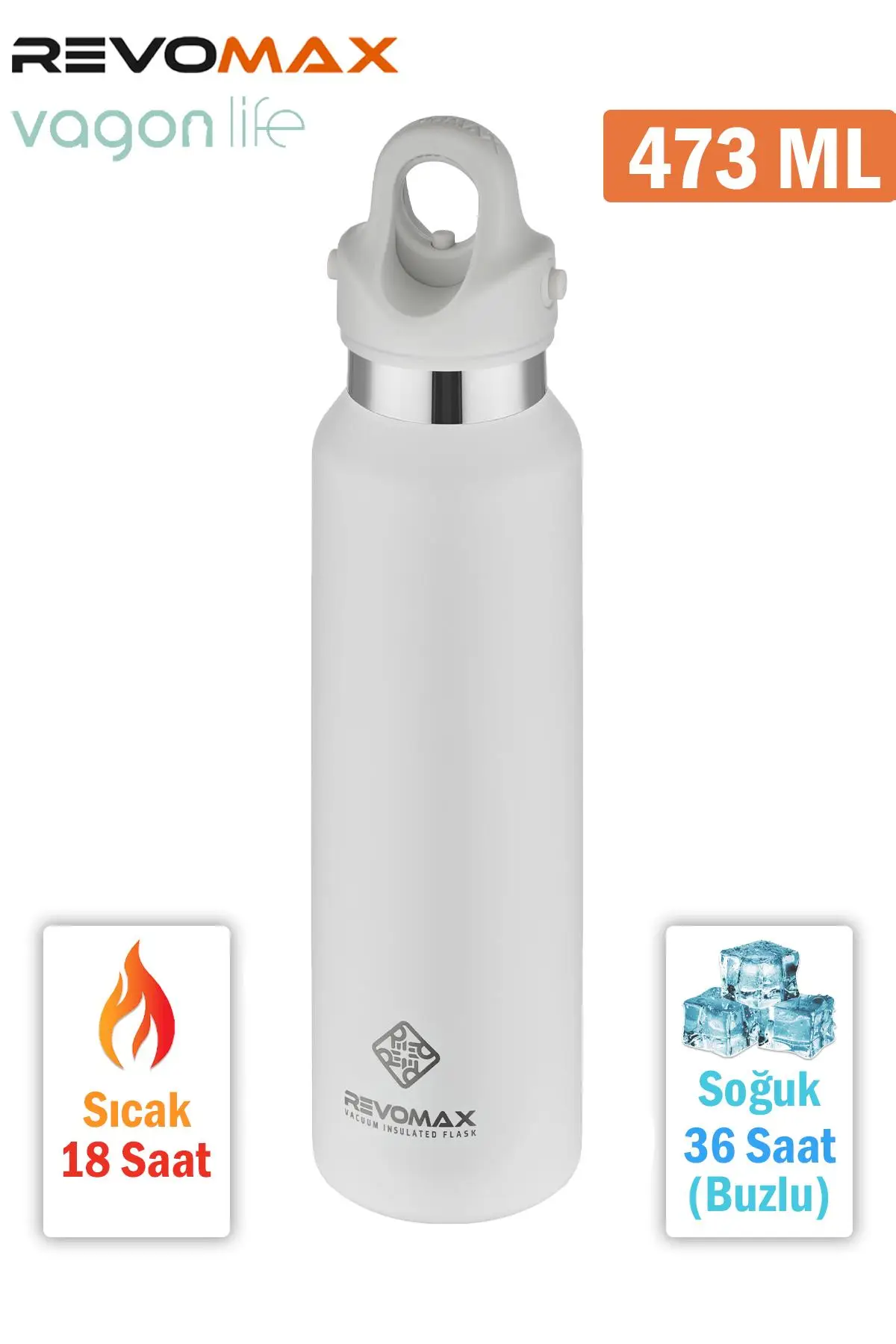 Revomax 473 ML Özel Kapak Sistemli 18saat Sıcak/36 Saat Soğuk Çelik Termos -473ML - Beyaz