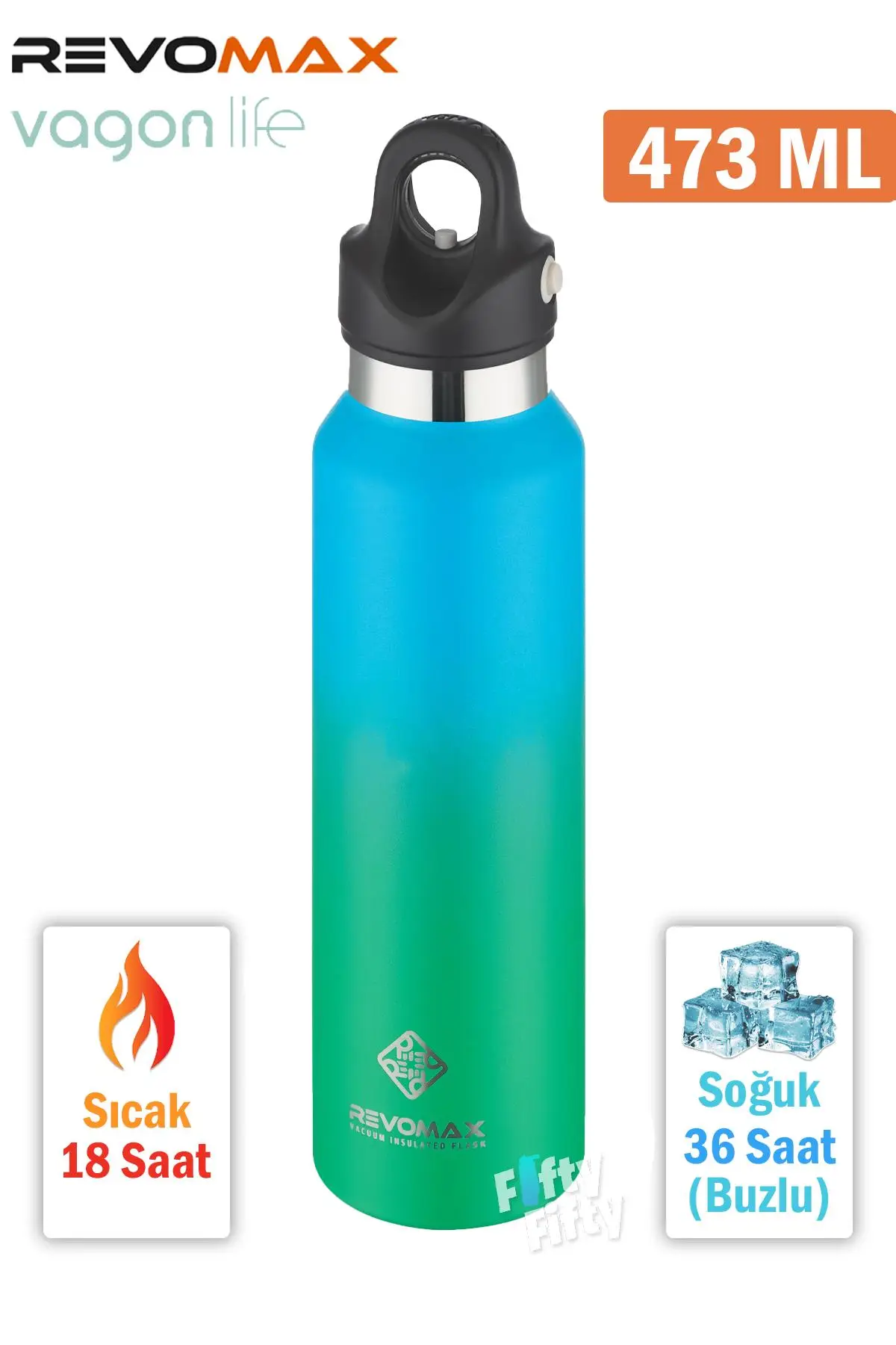 Revomax 473 ML Özel Kapak Sistemli 18saat Sıcak/36 Saat Soğuk Çelik Termos -473ML - MaviYeşil
