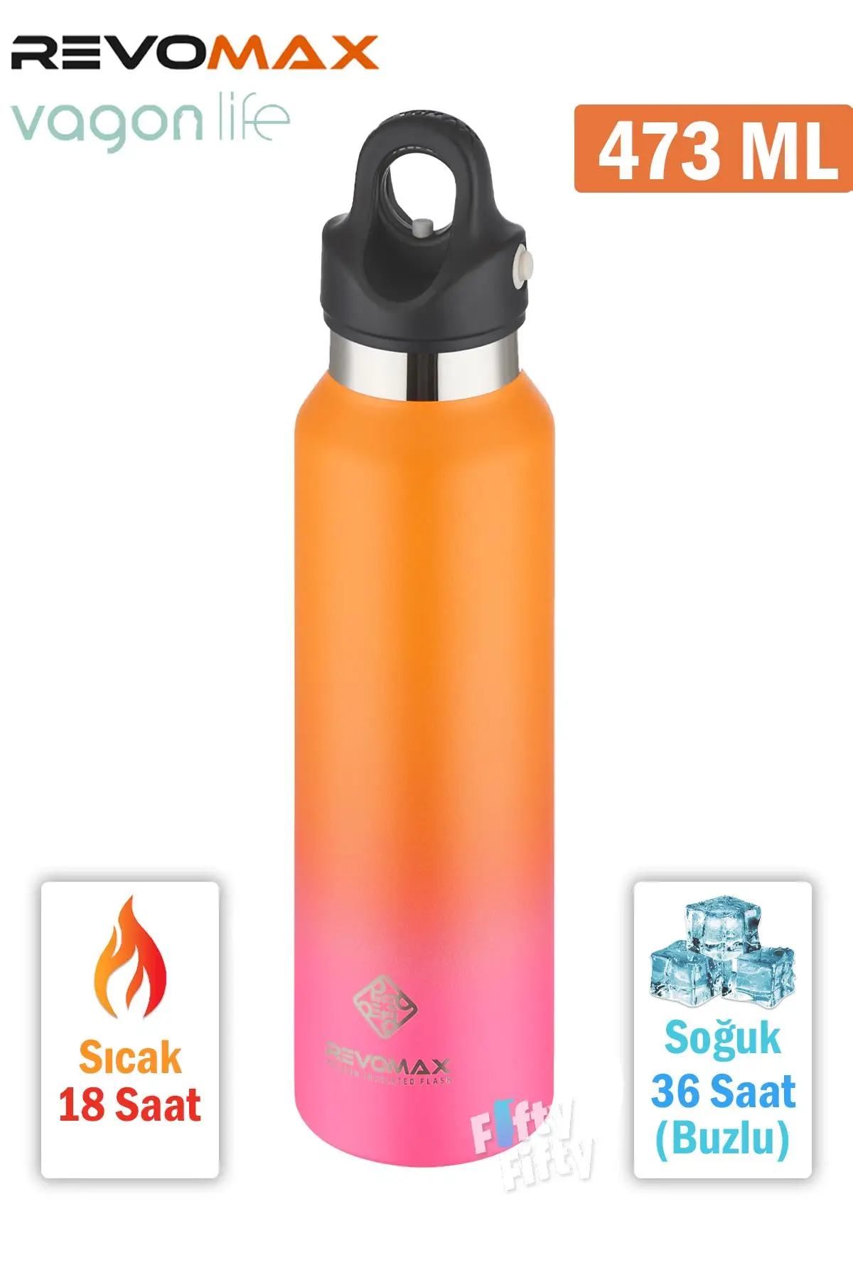 Revomax 473 ML Özel Kapak Sistemli 18saat Sıcak/36 Saat Soğuk Çelik Termos -473ML - MorTuruncu