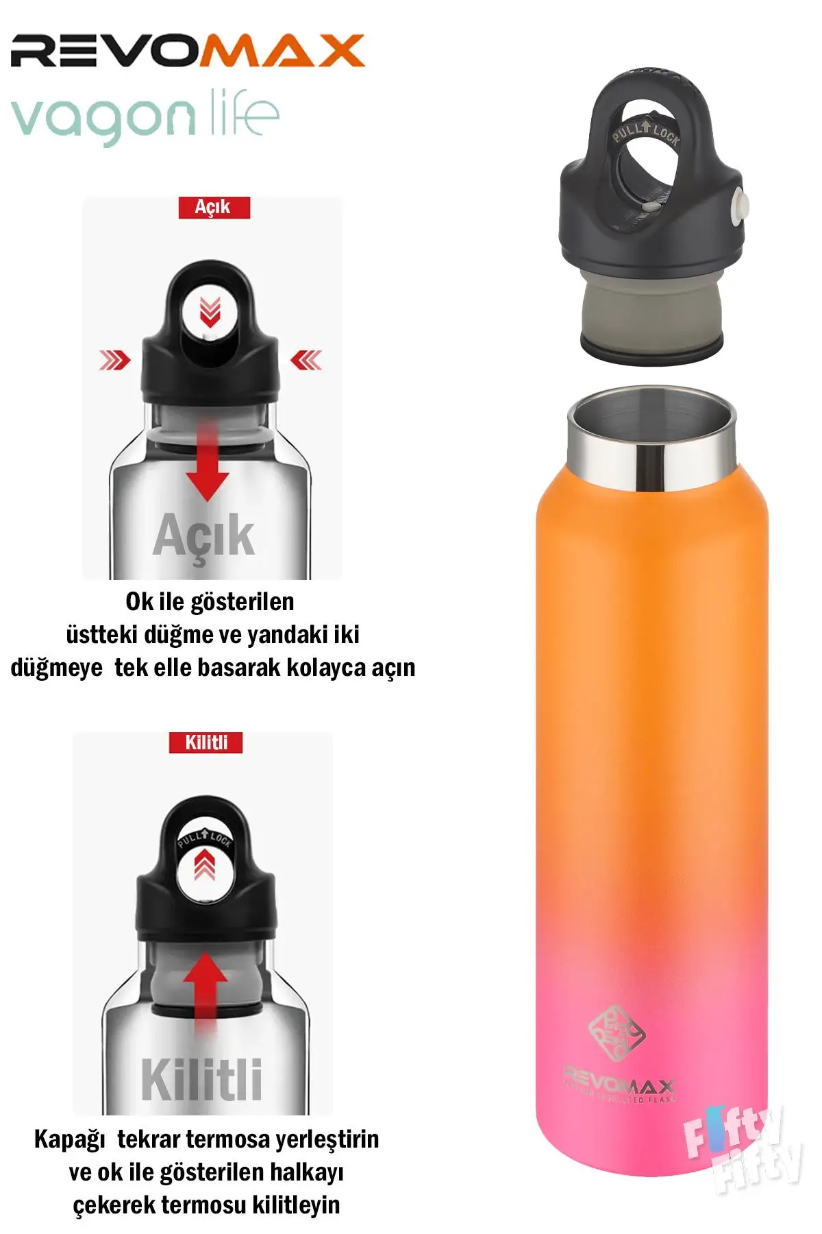 Revomax 473 ML Özel Kapak Sistemli 18saat Sıcak/36 Saat Soğuk Çelik Termos -473ML 