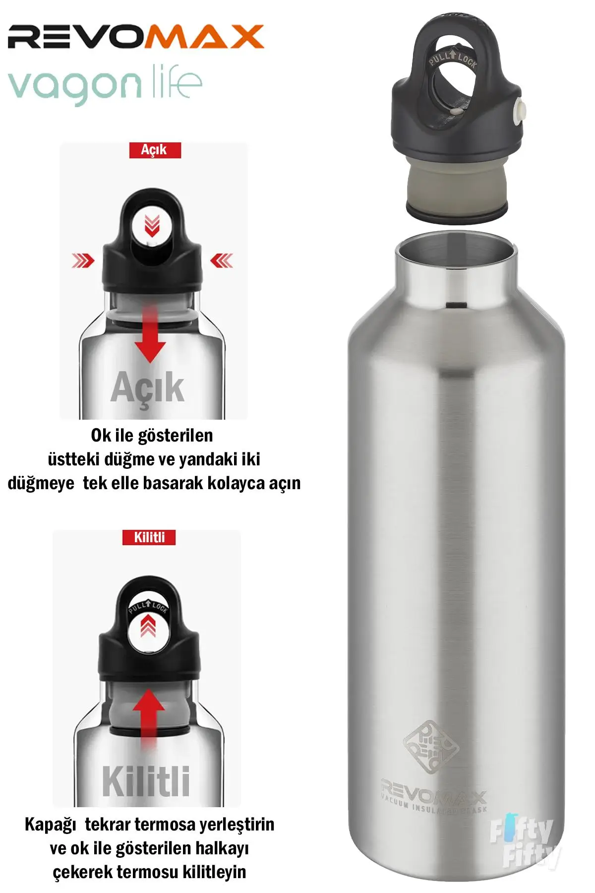 Revomax 950 ML Büyük Kapasiteli Özel Kapak Sistemli 18saat Sıcak/36 Saat Soğuk Çelik Termos -950ML 