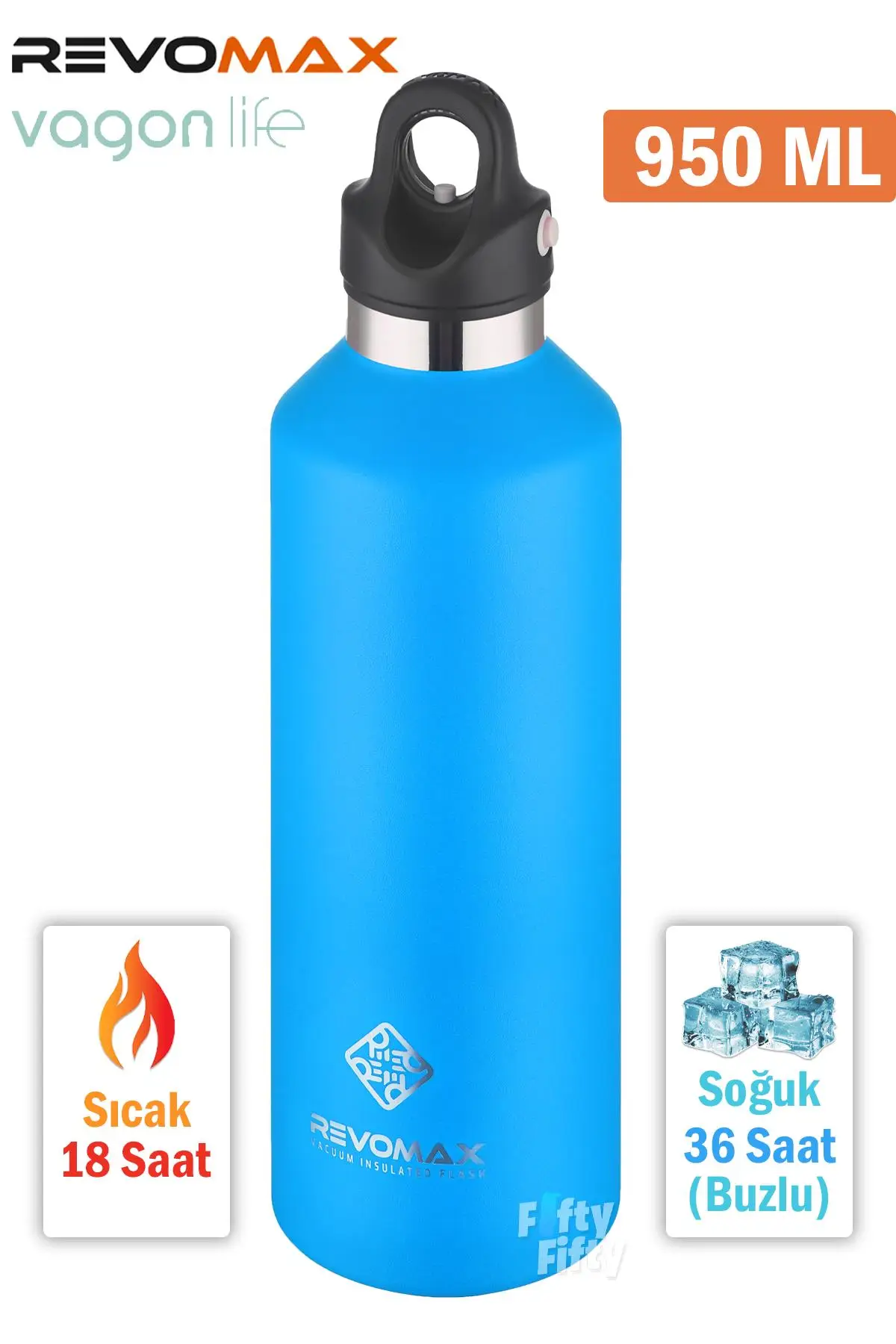 Revomax 950 ML Büyük Kapasiteli Özel Kapak Sistemli 18saat Sıcak/36 Saat Soğuk Çelik Termos -950ML - Mavi