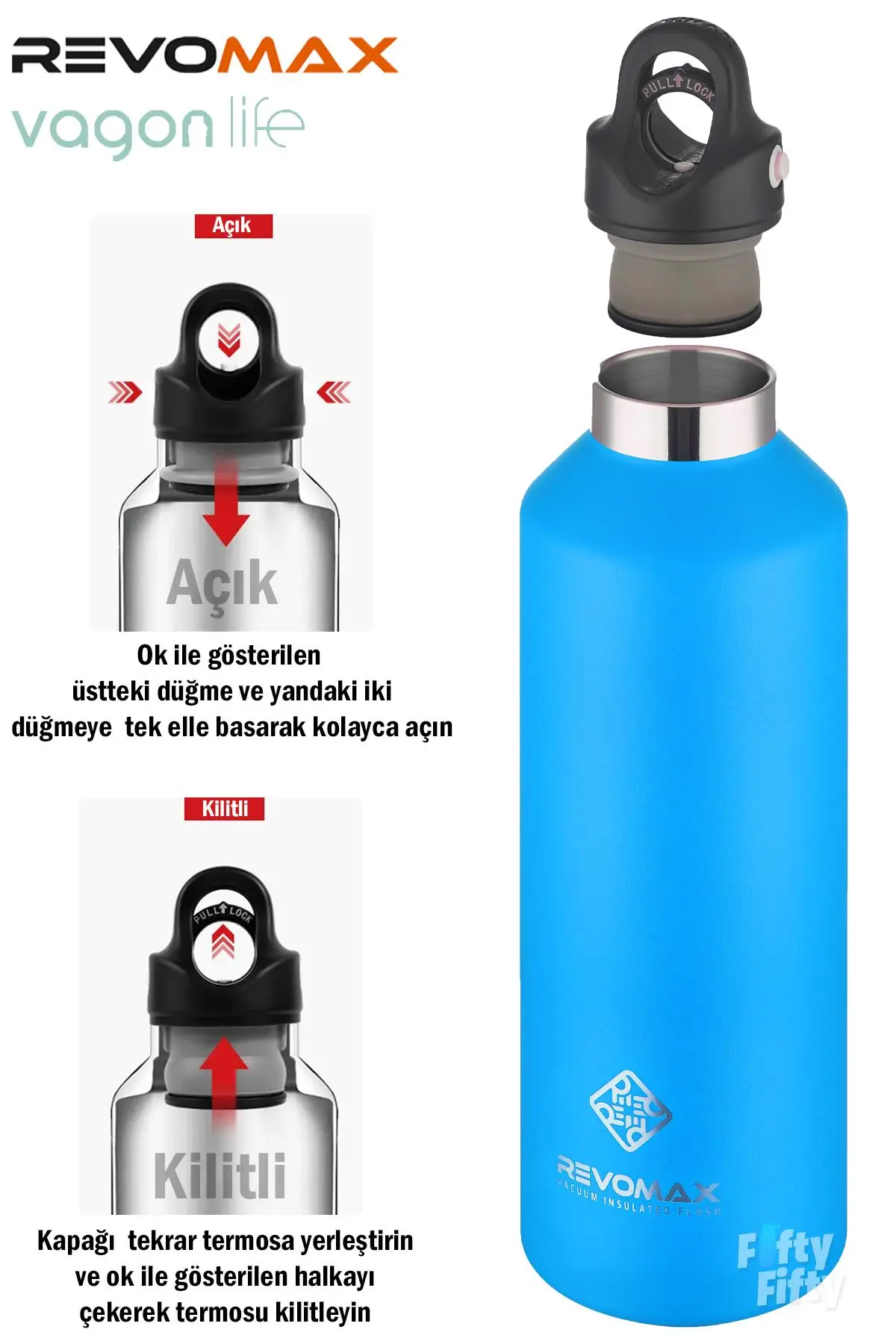 Revomax 950 ML Büyük Kapasiteli Özel Kapak Sistemli 18saat Sıcak/36 Saat Soğuk Çelik Termos -950ML 