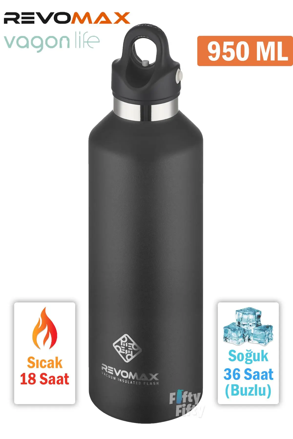 Revomax 950 ML Büyük Kapasiteli Özel Kapak Sistemli 18saat Sıcak/36 Saat Soğuk Çelik Termos -950ML - Siyah