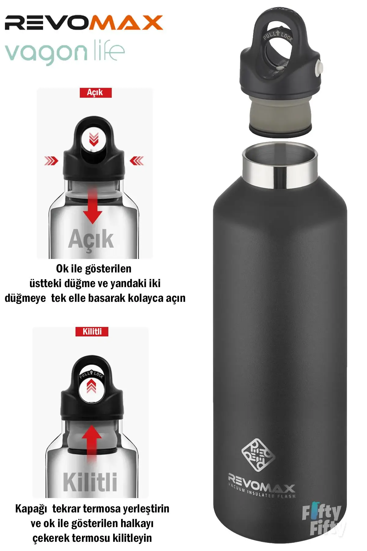 Revomax 950 ML Büyük Kapasiteli Özel Kapak Sistemli 18saat Sıcak/36 Saat Soğuk Çelik Termos -950ML 